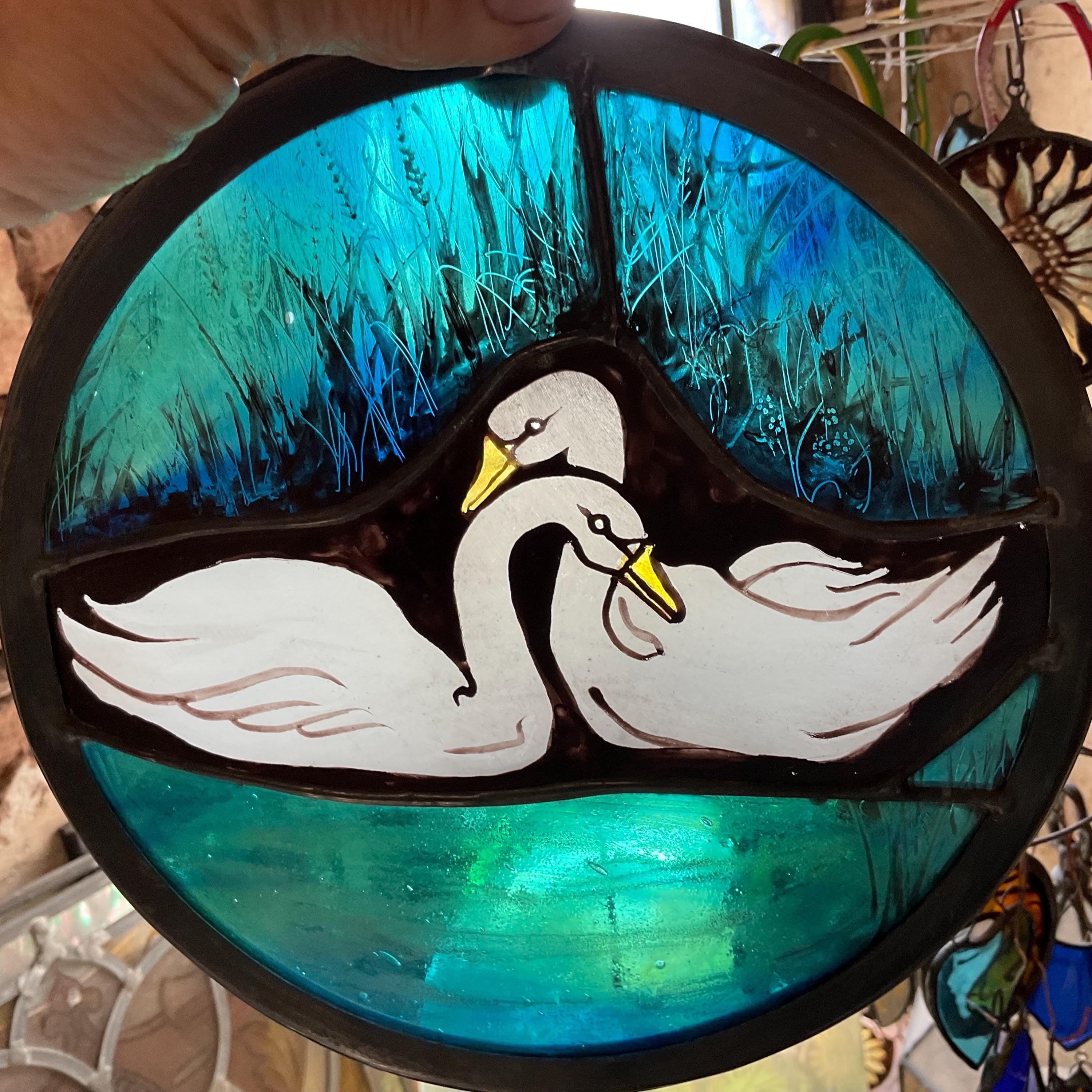 Romantic Swans Stained Glass Window Roundel