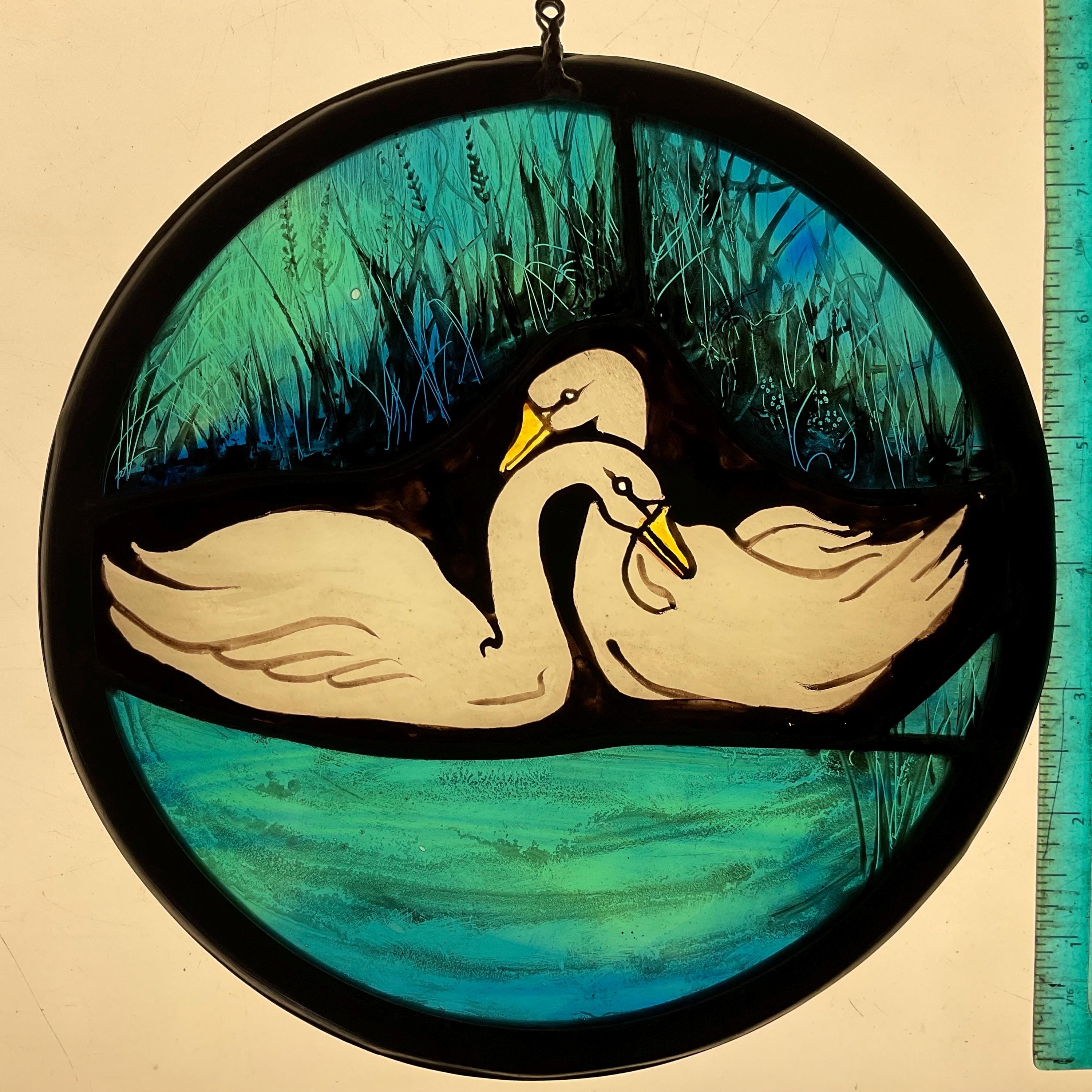 Romantic Swans Stained Glass Window Roundel