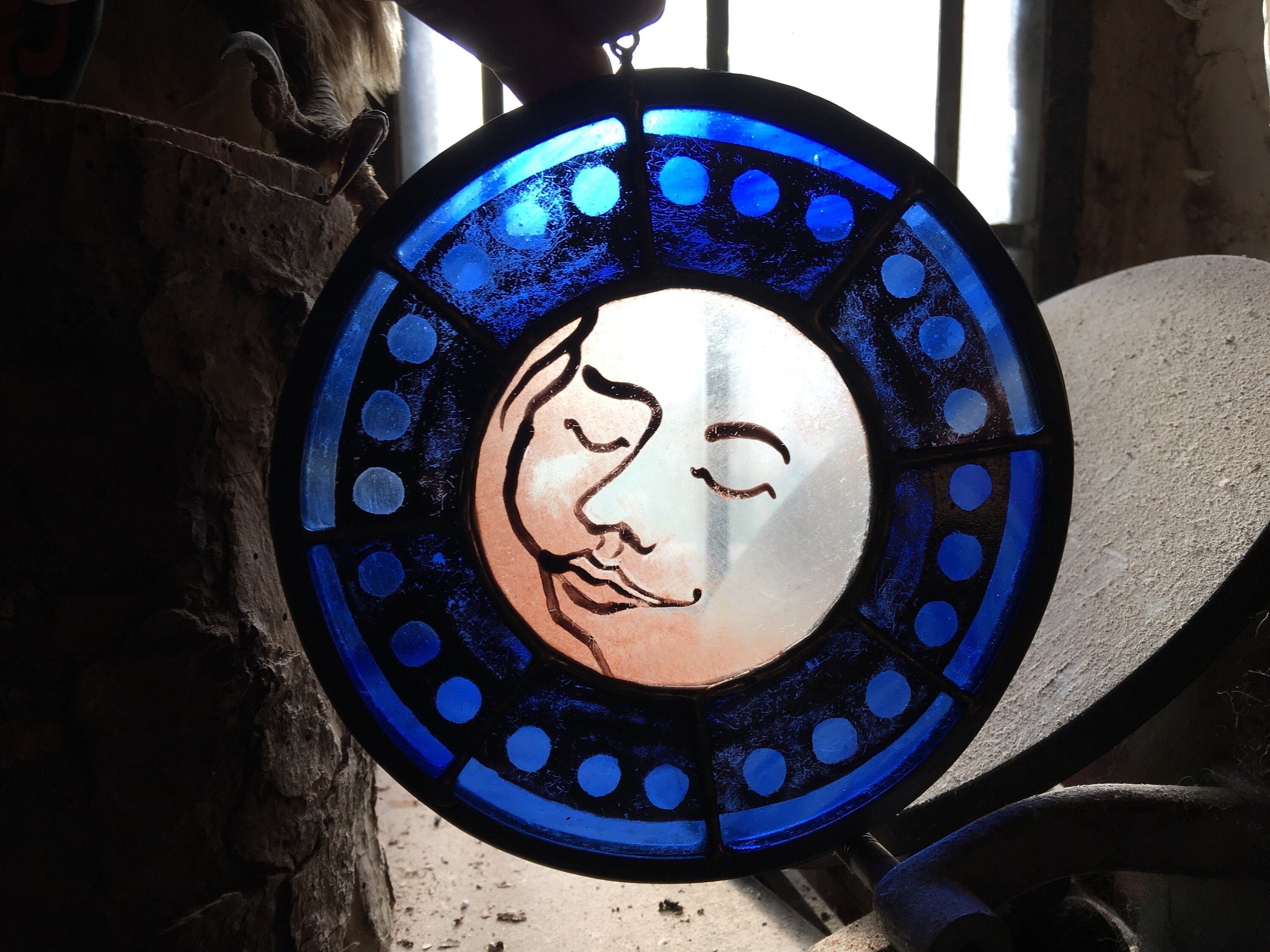 Blue Sweet Dreams Moon Face Stained Glass Sun Catcher