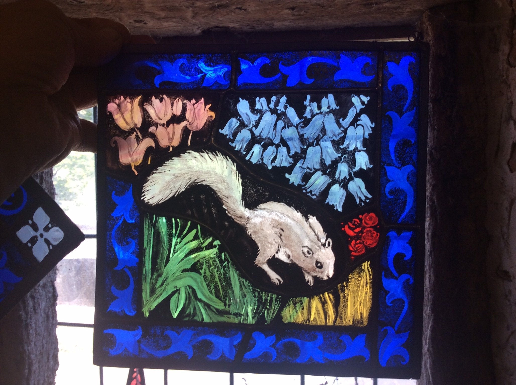 Squirrel Stained Glass Window with Bluebells