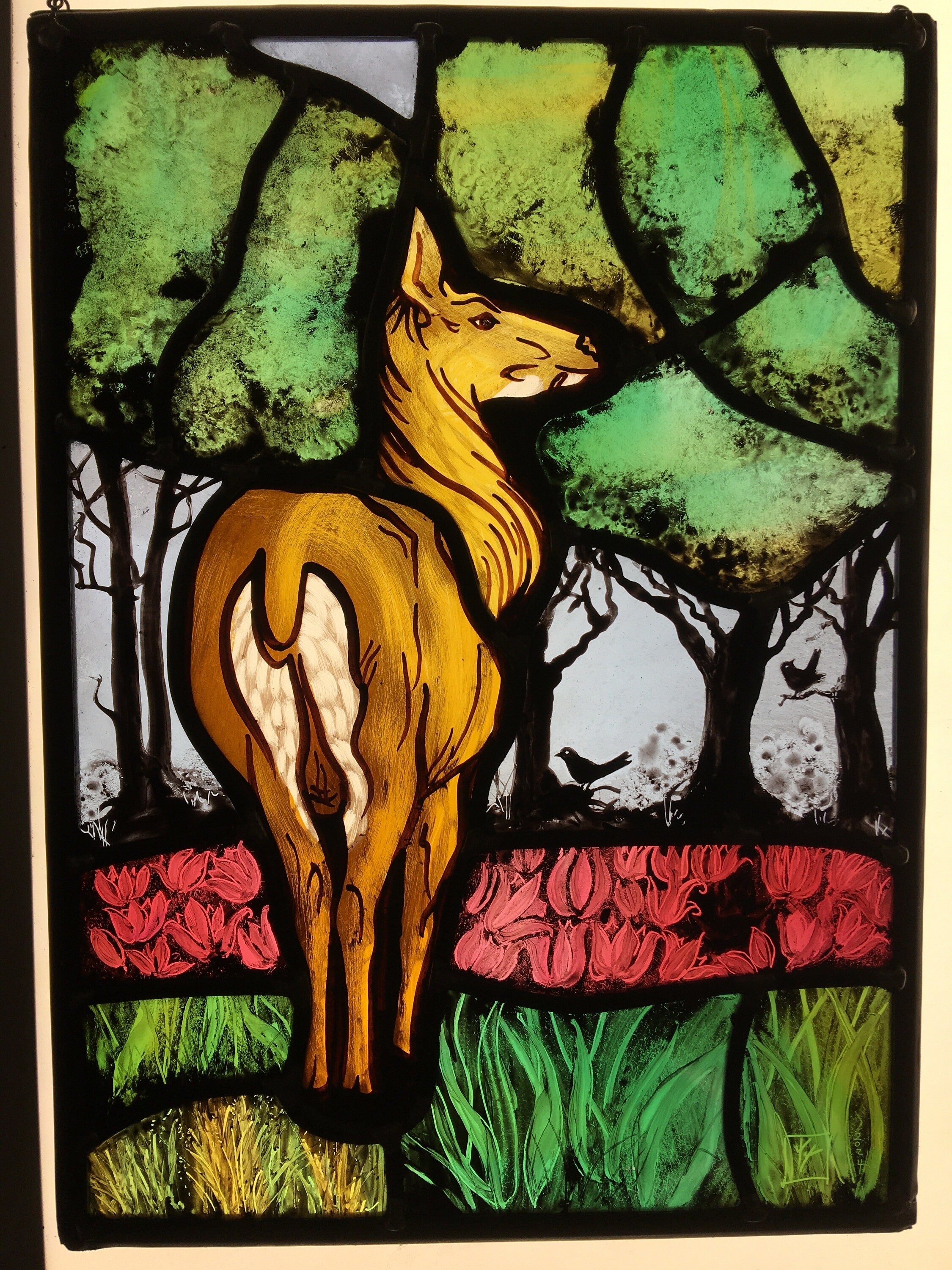 Stained Glass Window: Deer, Stag, Blackbirds, Nature