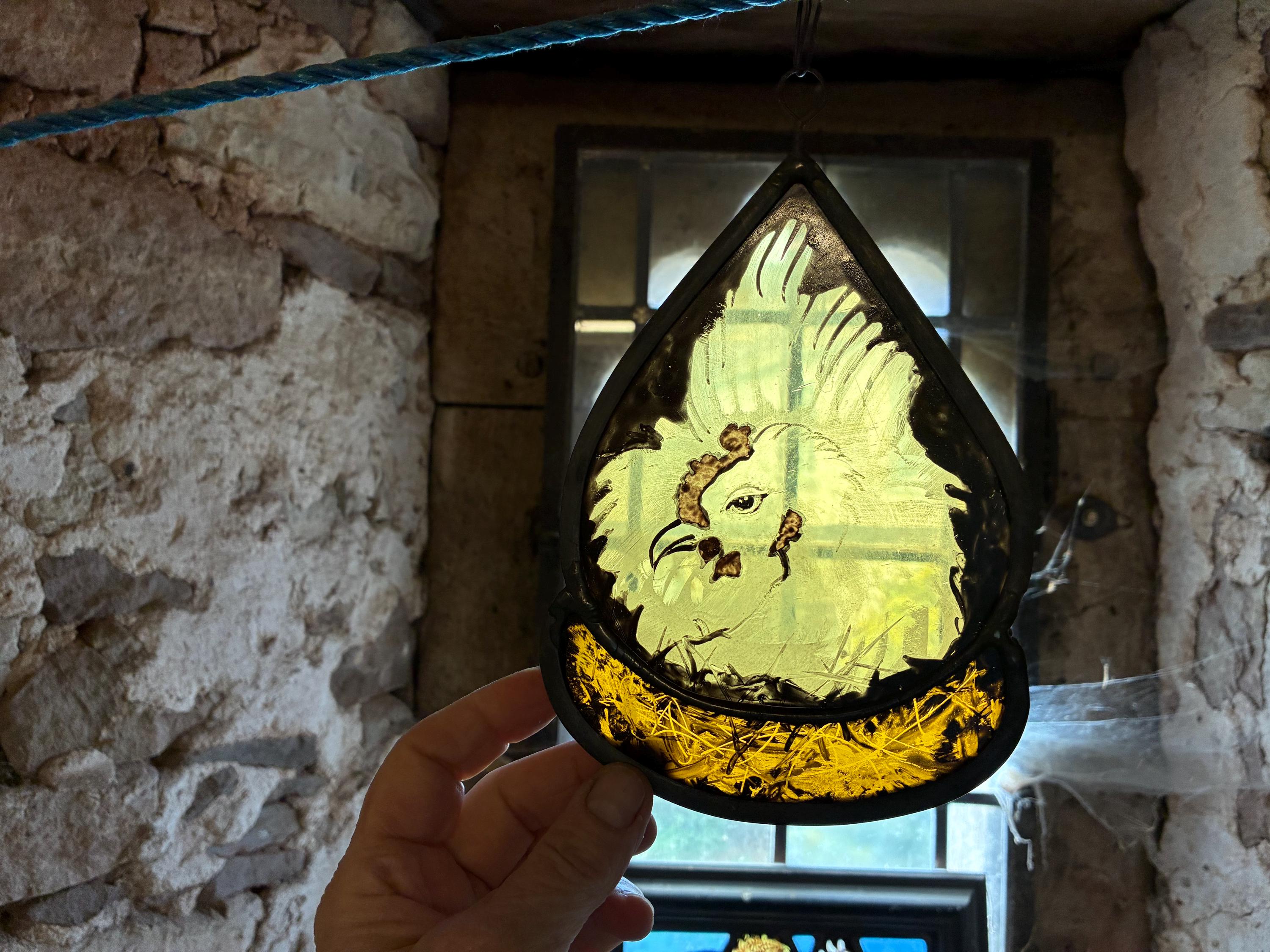 Nesting Chicken Stained Window, Hen Decor