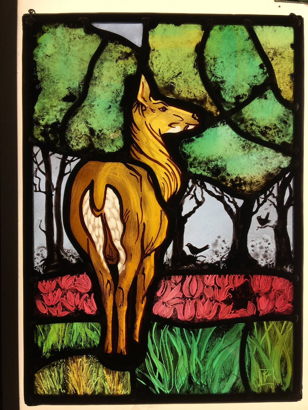 Stained Glass Window: Deer, Stag, Blackbirds, Nature