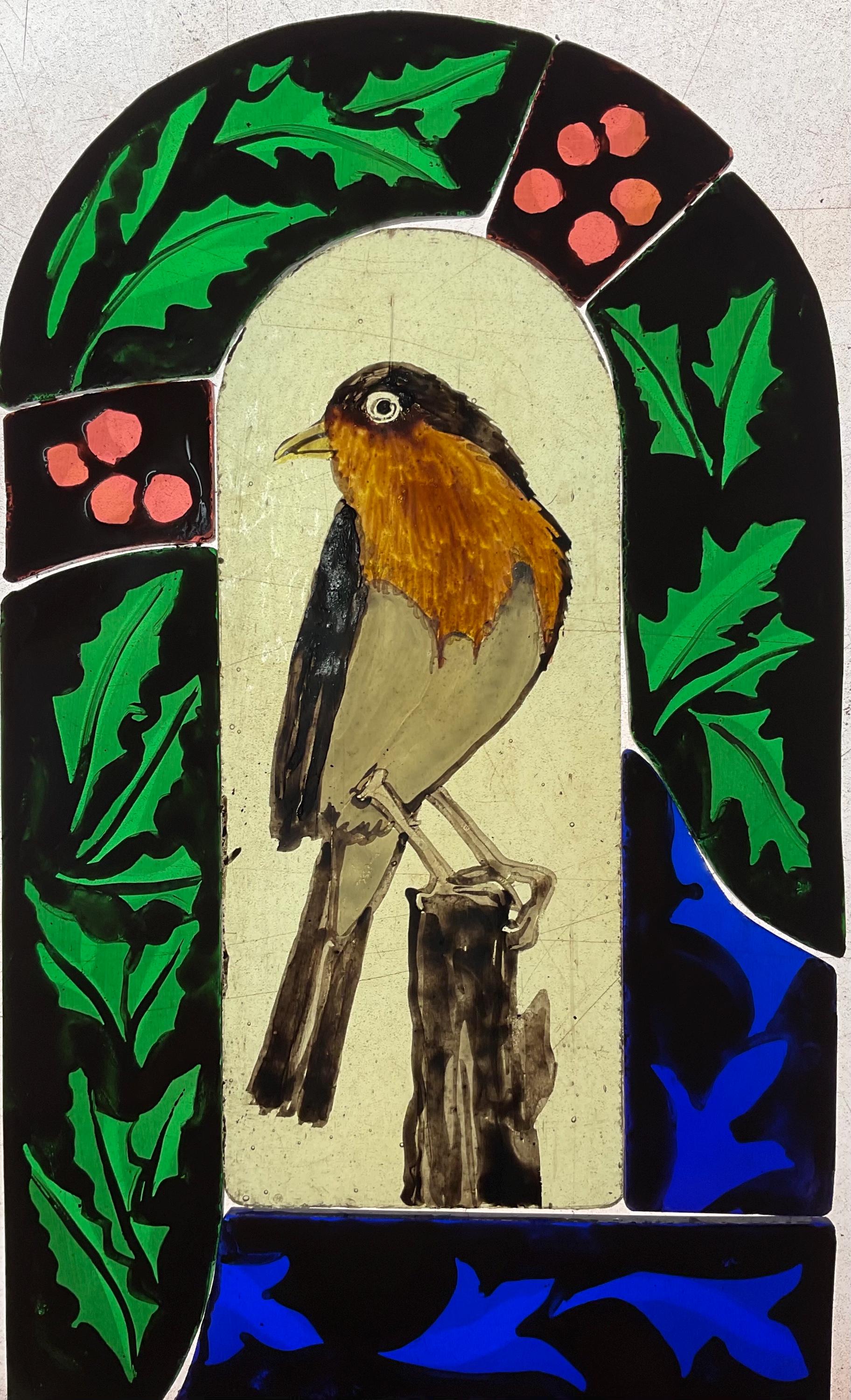 Robin with holly stained glass sun catcher