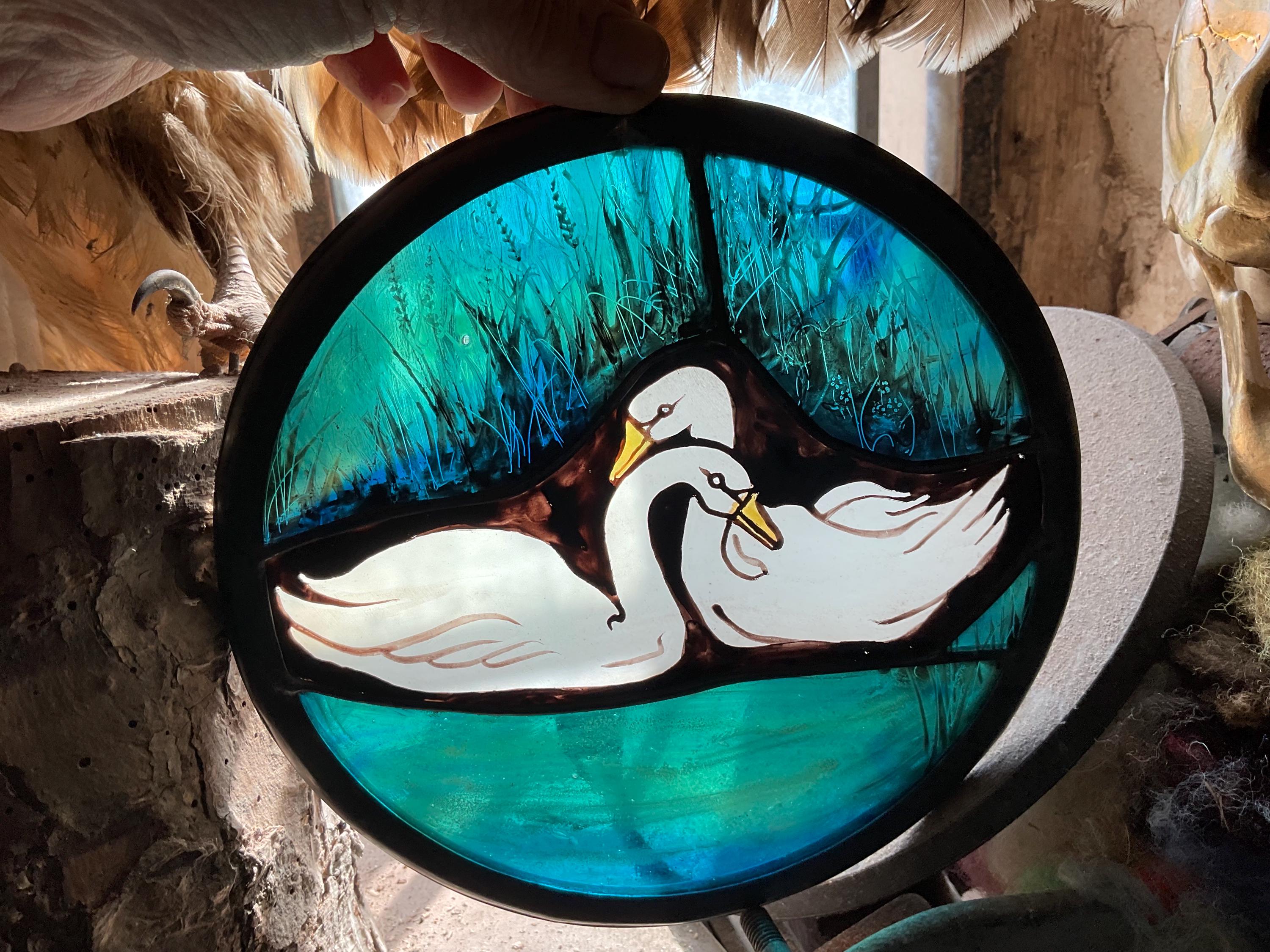 Romantic Swans Stained Glass Window Roundel
