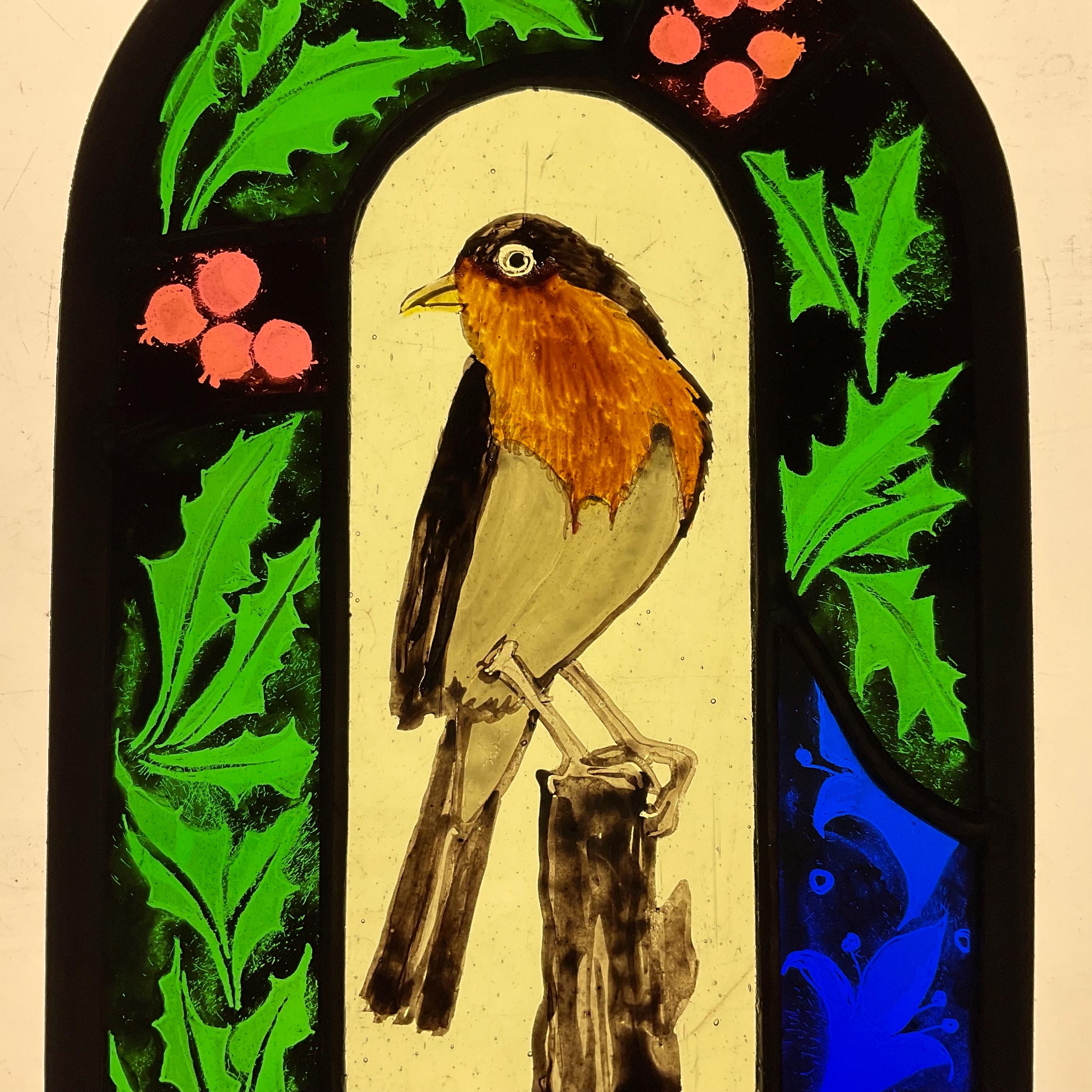 Robin with holly stained glass sun catcher
