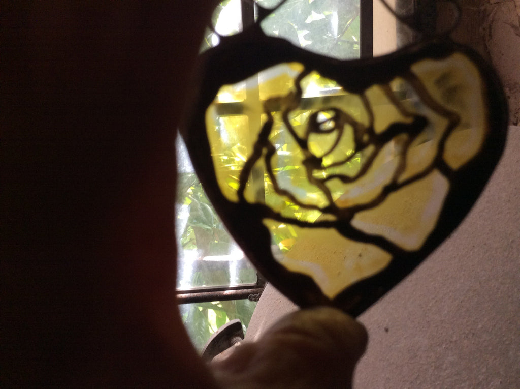 Yellow Rose in a Heart Stained Glass Suncatcher