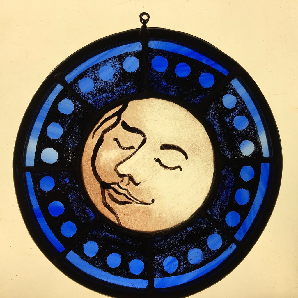 Blue Sweet Dreams Moon Face Stained Glass Sun Catcher