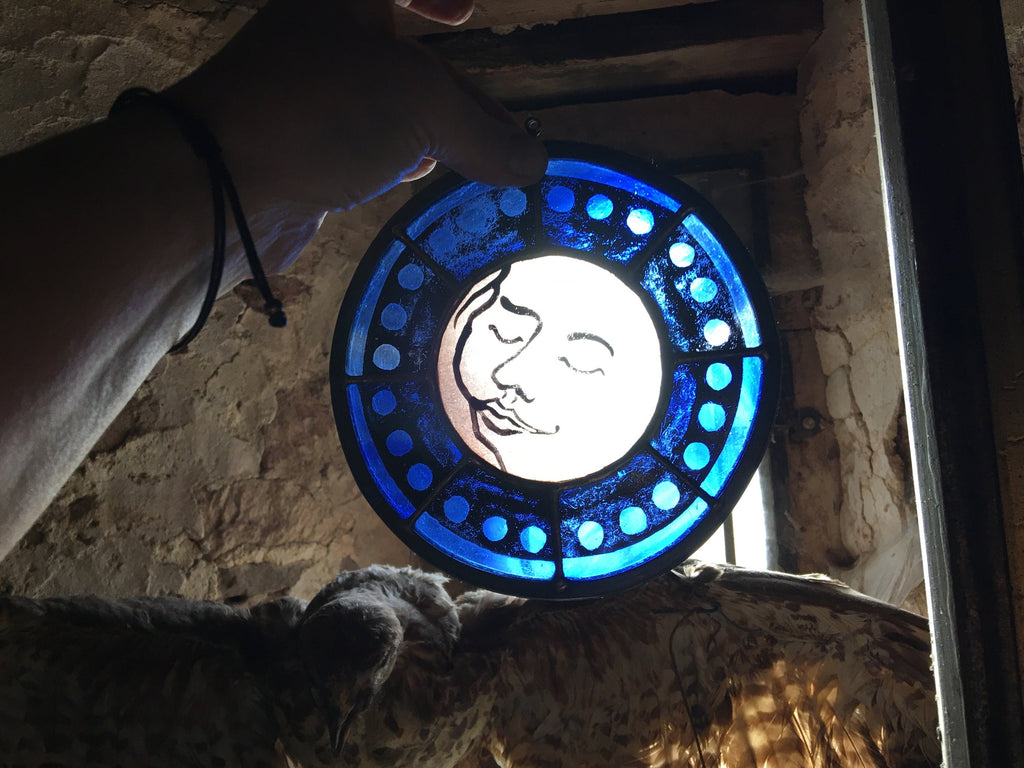 Blue Sweet Dreams Moon Face Stained Glass Sun Catcher
