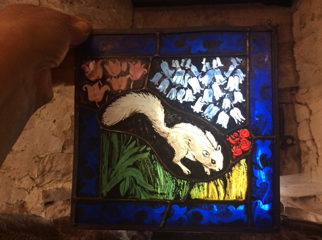 Squirrel Stained Glass Window with Bluebells
