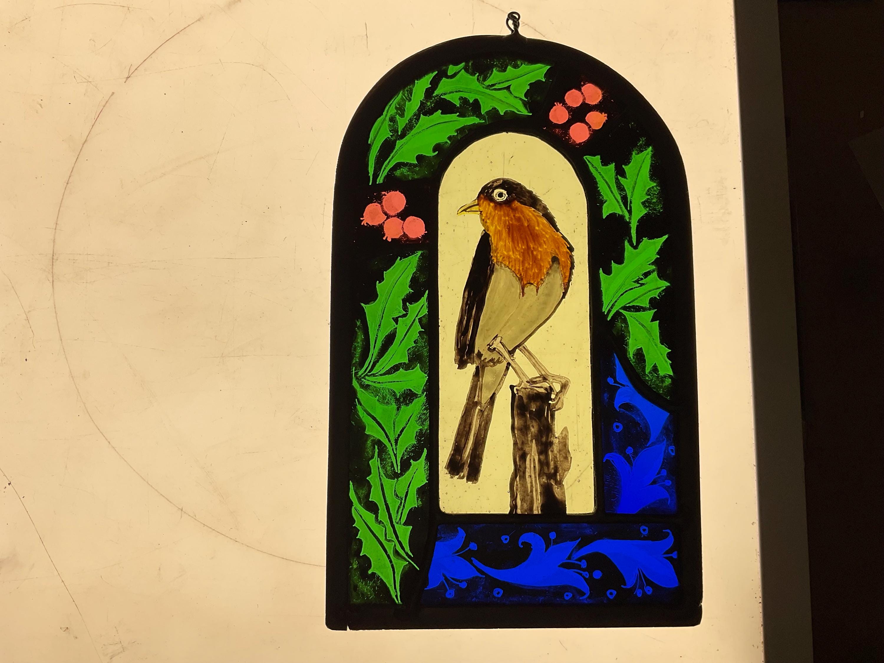 Robin with holly stained glass sun catcher