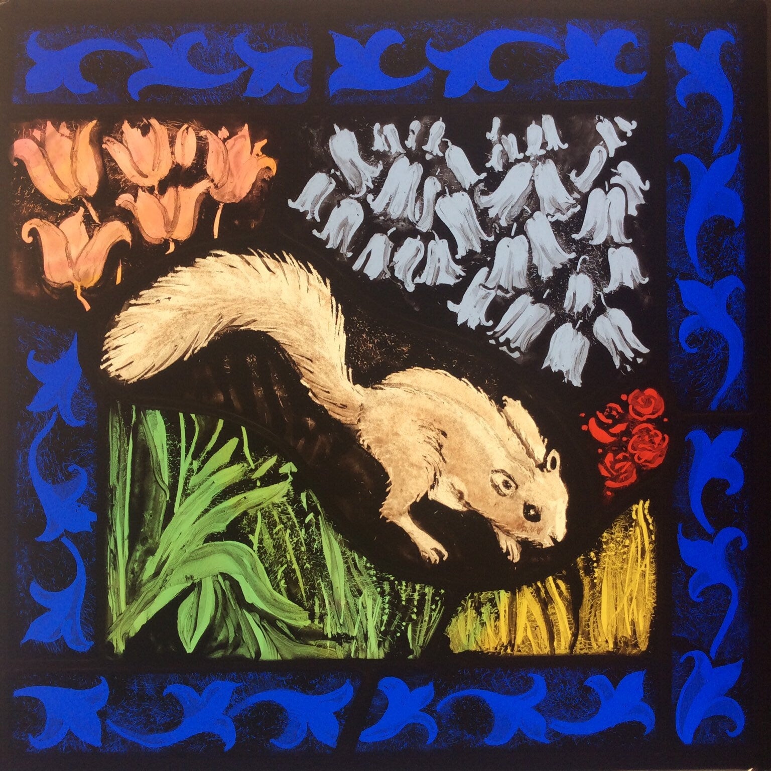 Squirrel Stained Glass Window with Bluebells