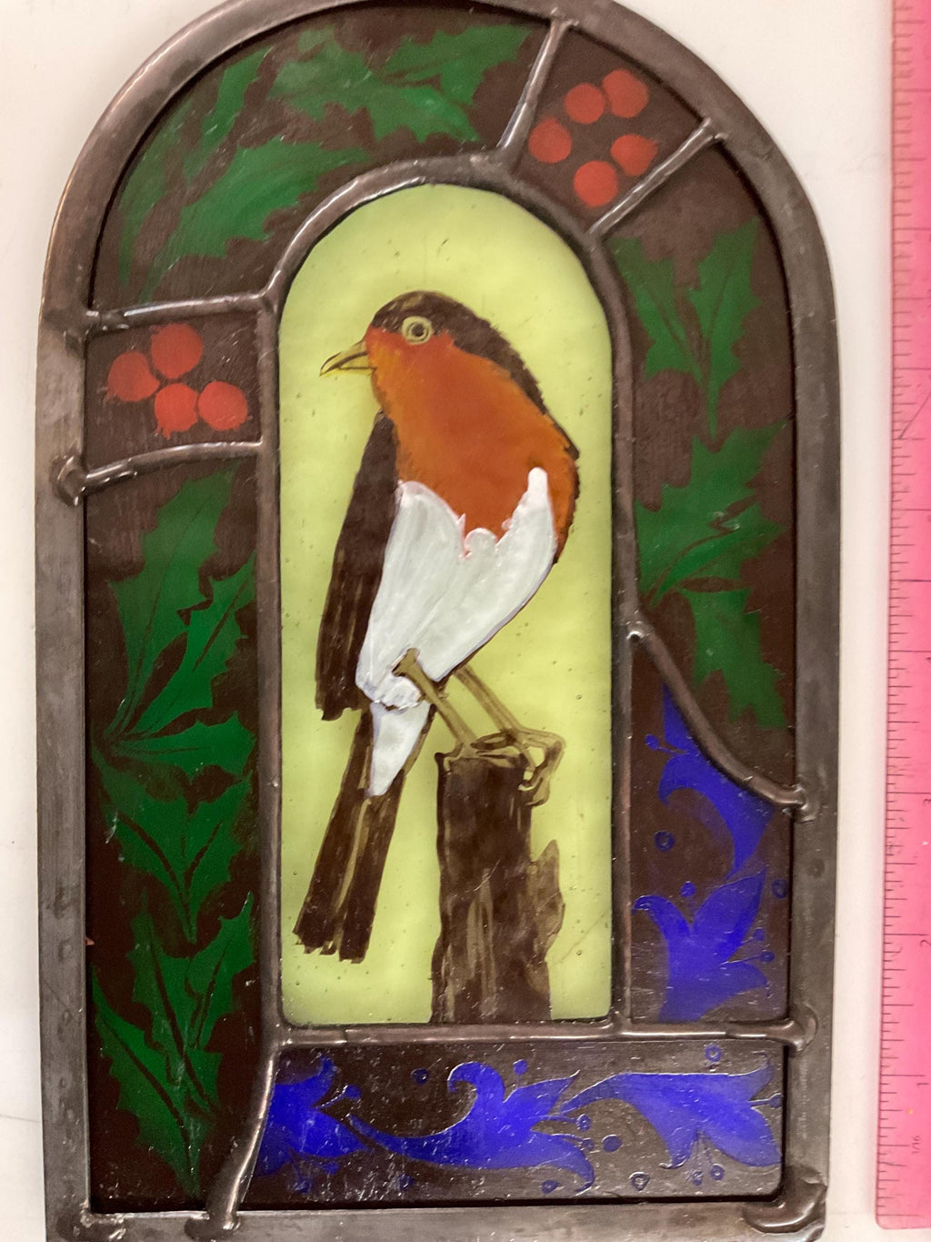 Robin with holly stained glass sun catcher