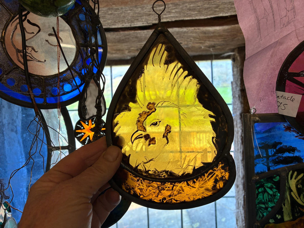 Nesting Chicken Stained Window, Hen Decor