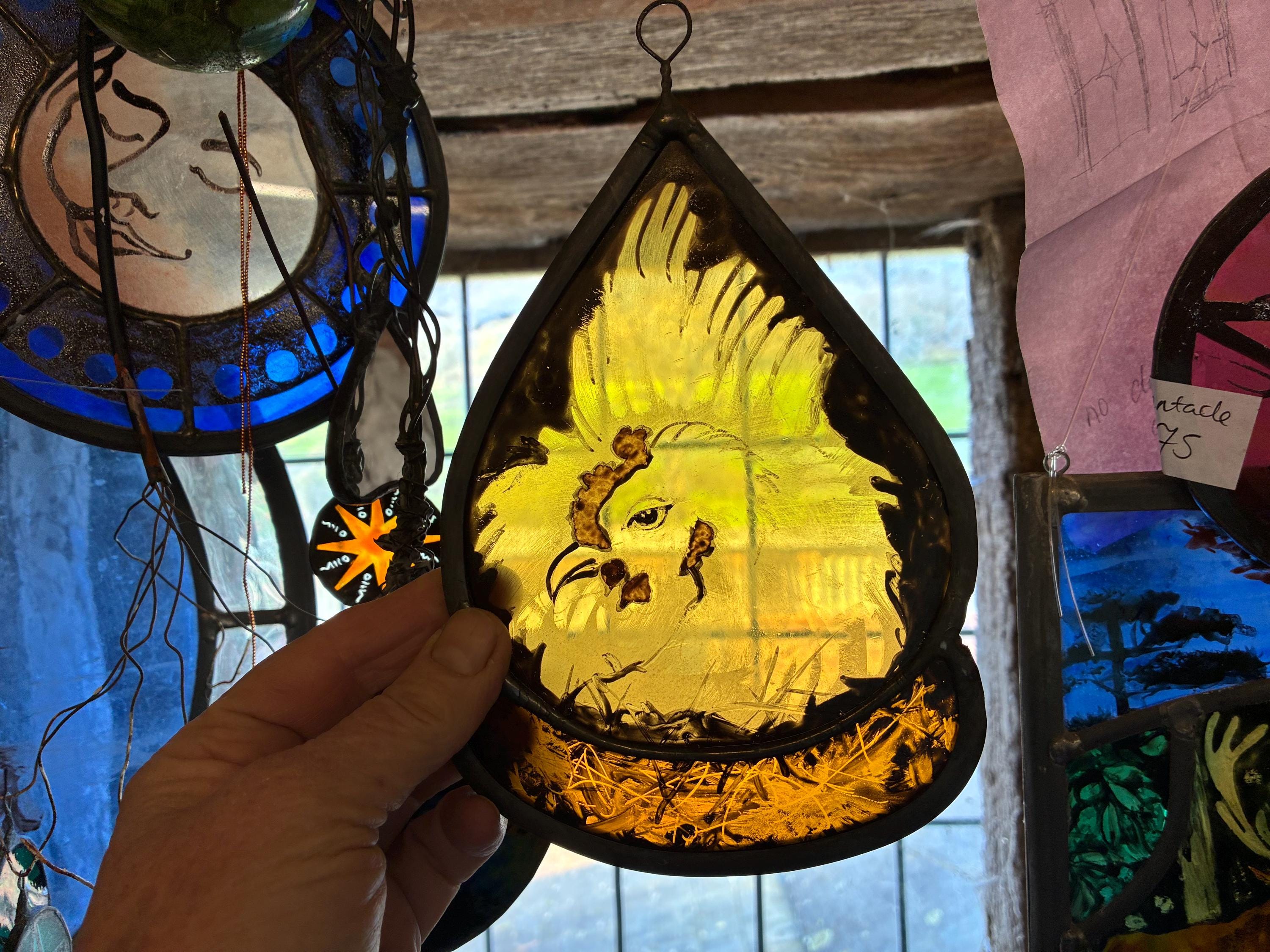 Nesting Chicken Stained Window, Hen Decor