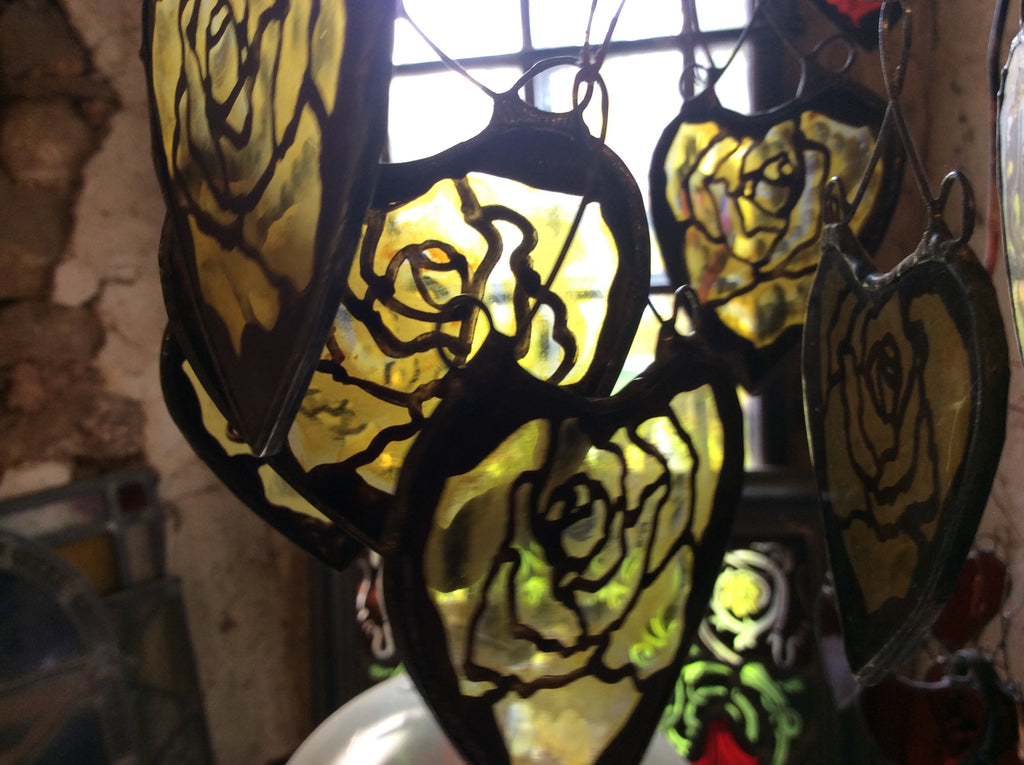 Yellow Rose in a Heart Stained Glass Suncatcher