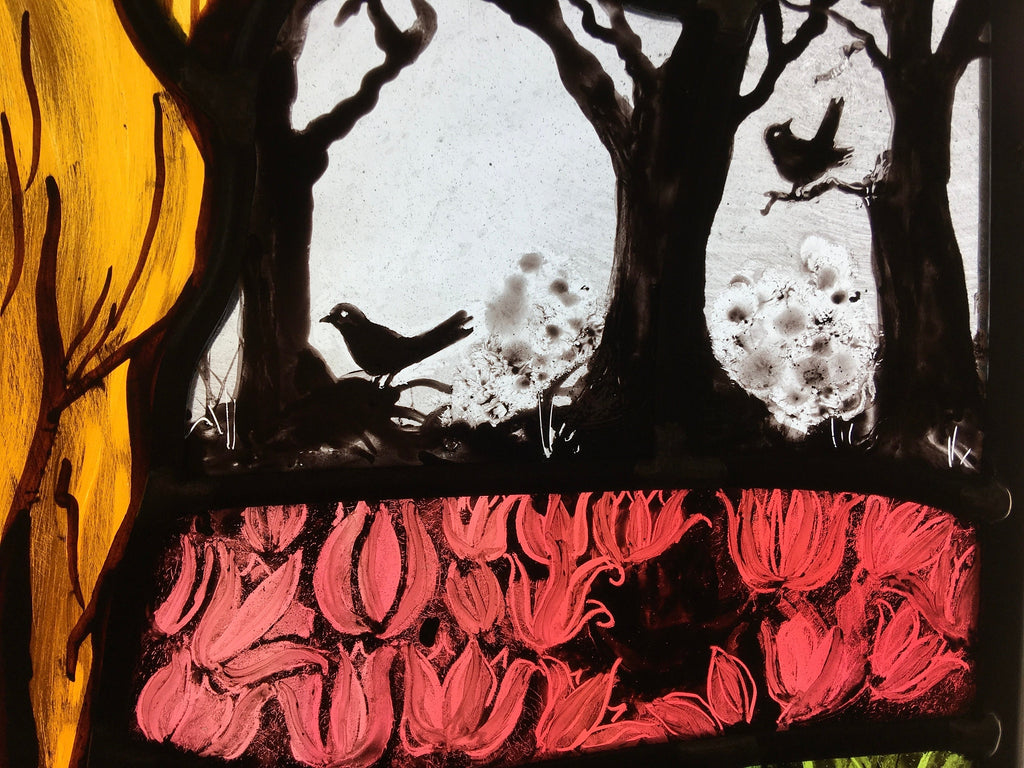 Stained Glass Window: Deer, Stag, Blackbirds, Nature