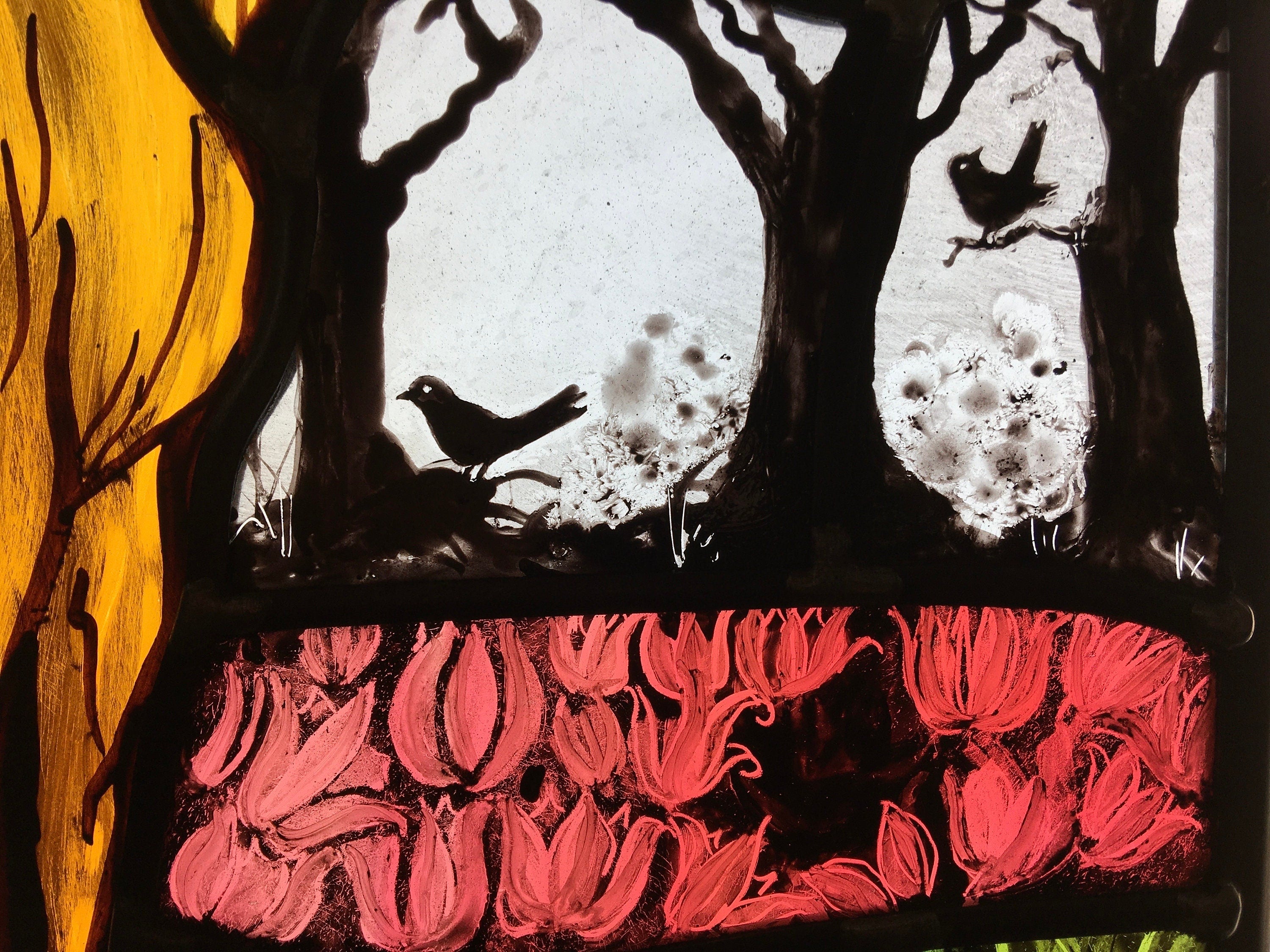 Stained Glass Window: Deer, Stag, Blackbirds, Nature