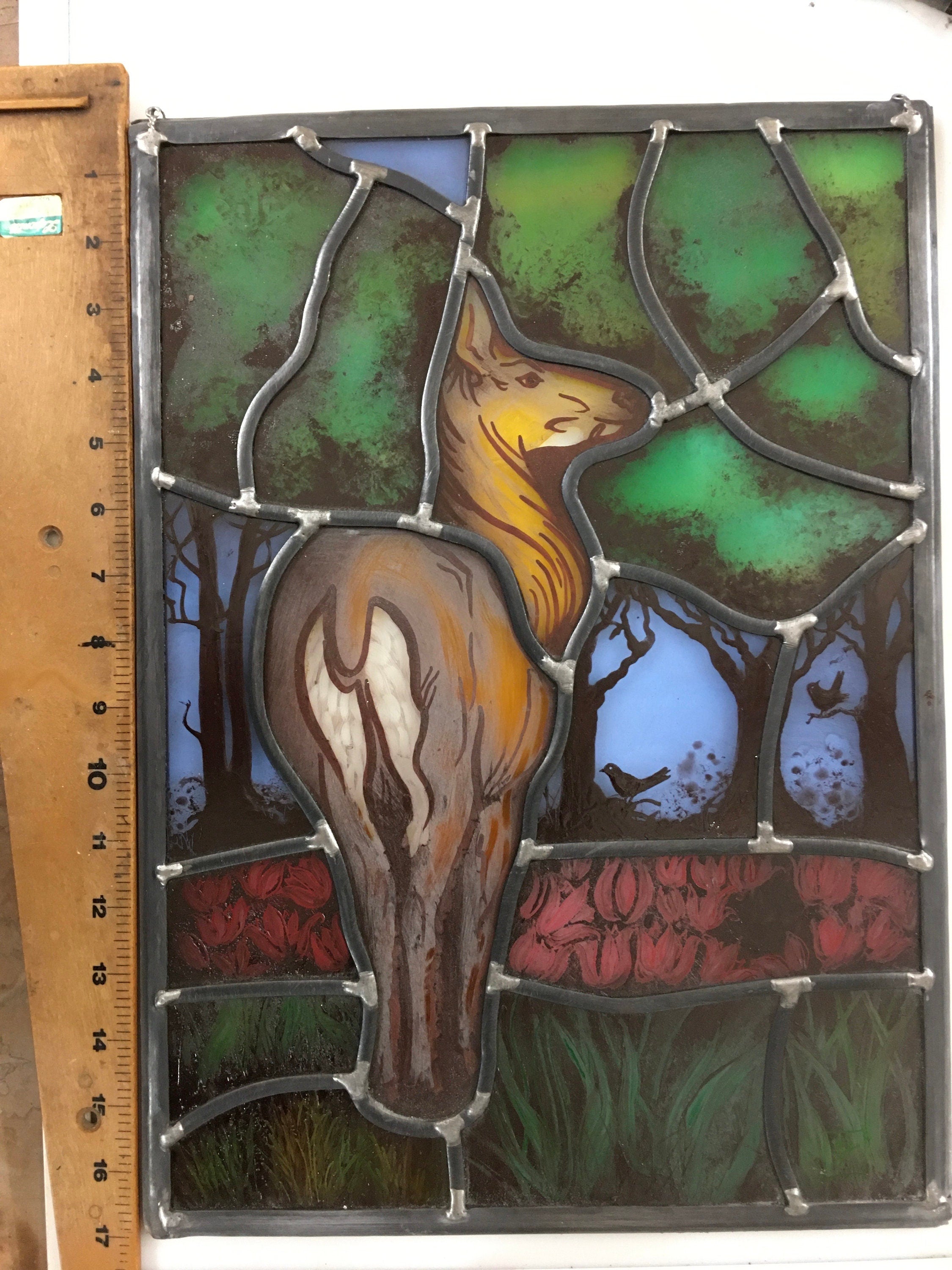 Stained Glass Window: Deer, Stag, Blackbirds, Nature
