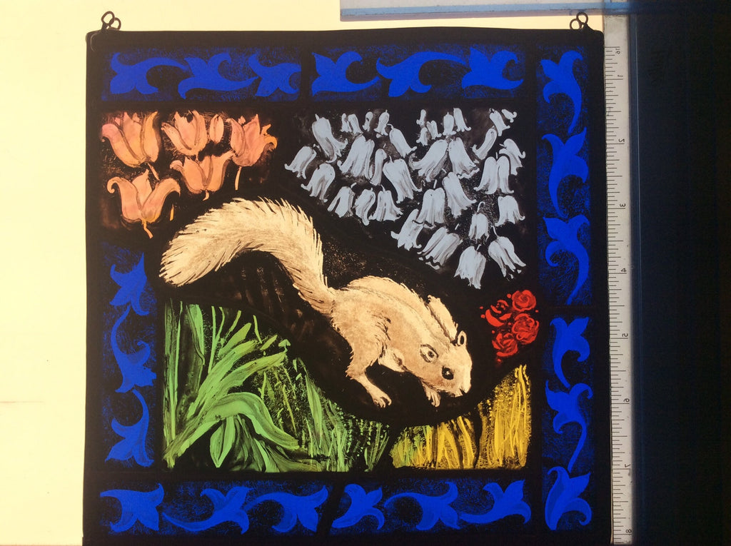 Squirrel Stained Glass Window with Bluebells