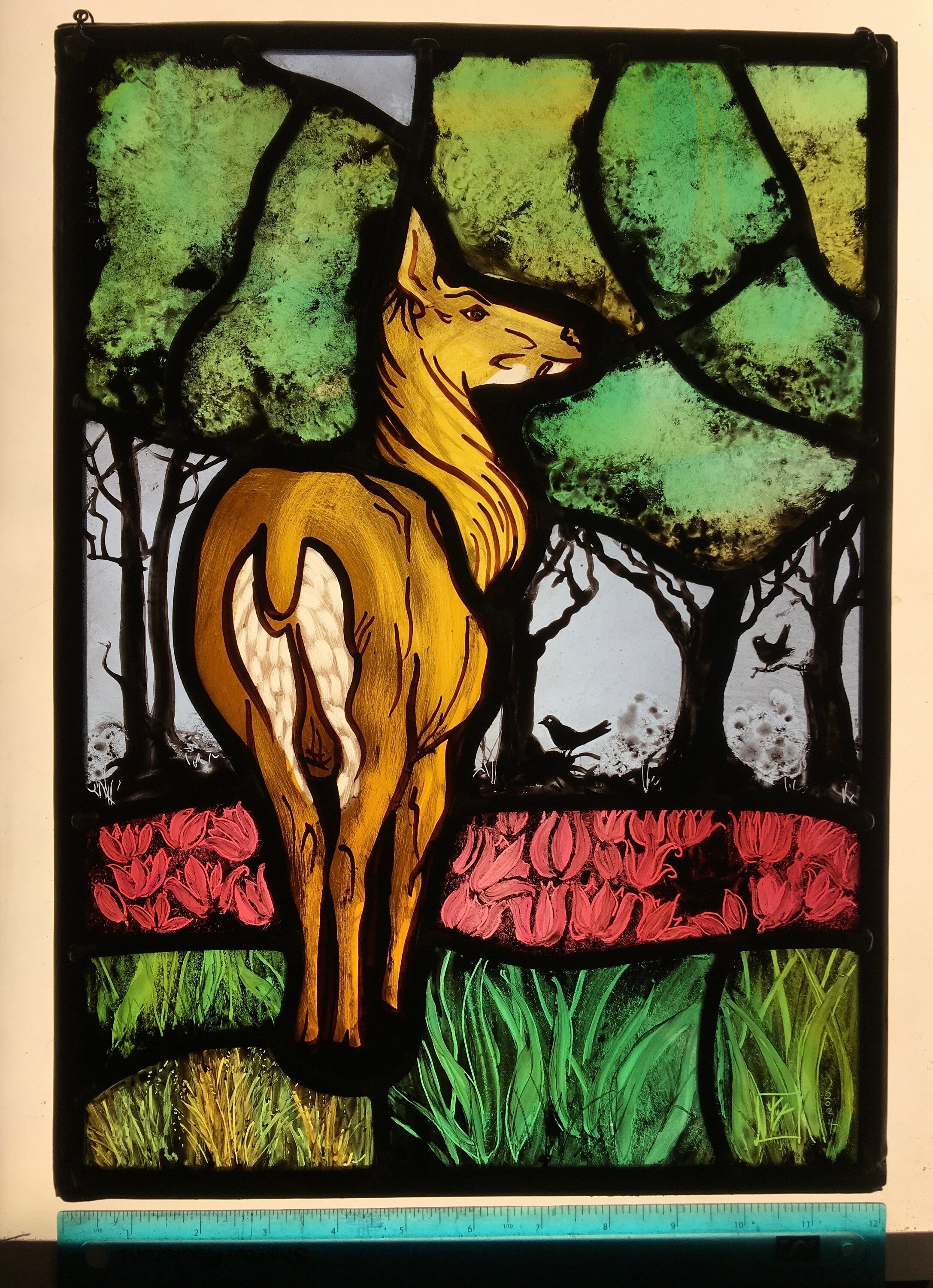 Stained Glass Window: Deer, Stag, Blackbirds, Nature