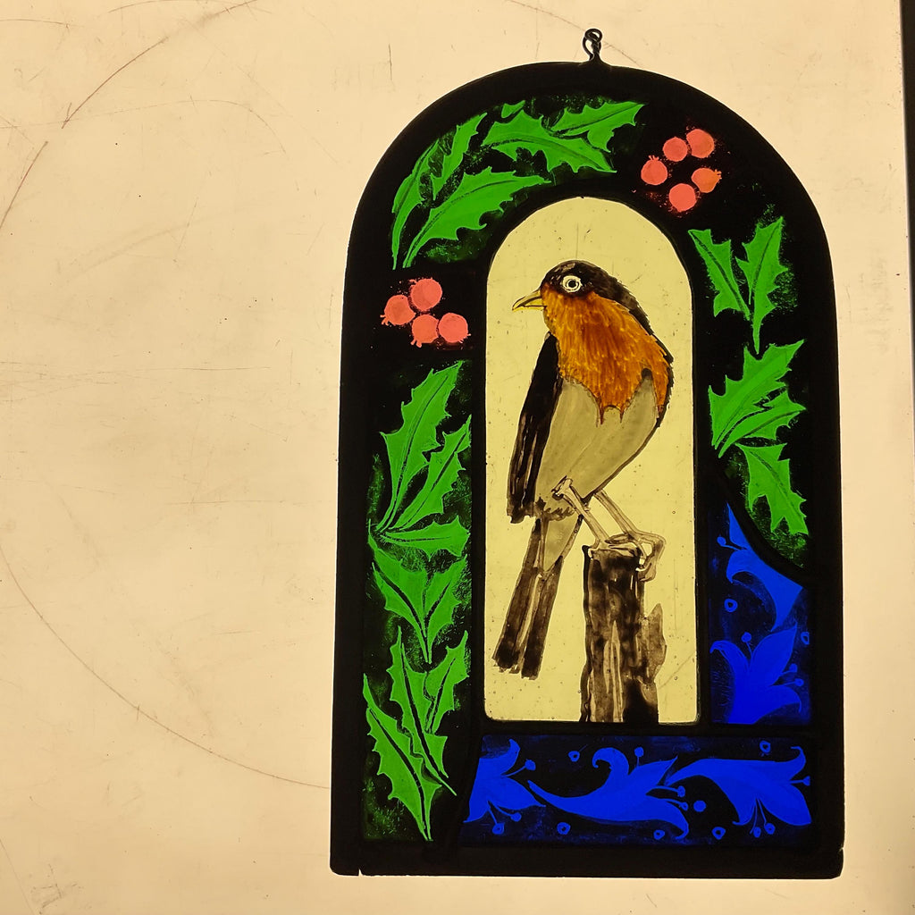 Robin with holly stained glass sun catcher
