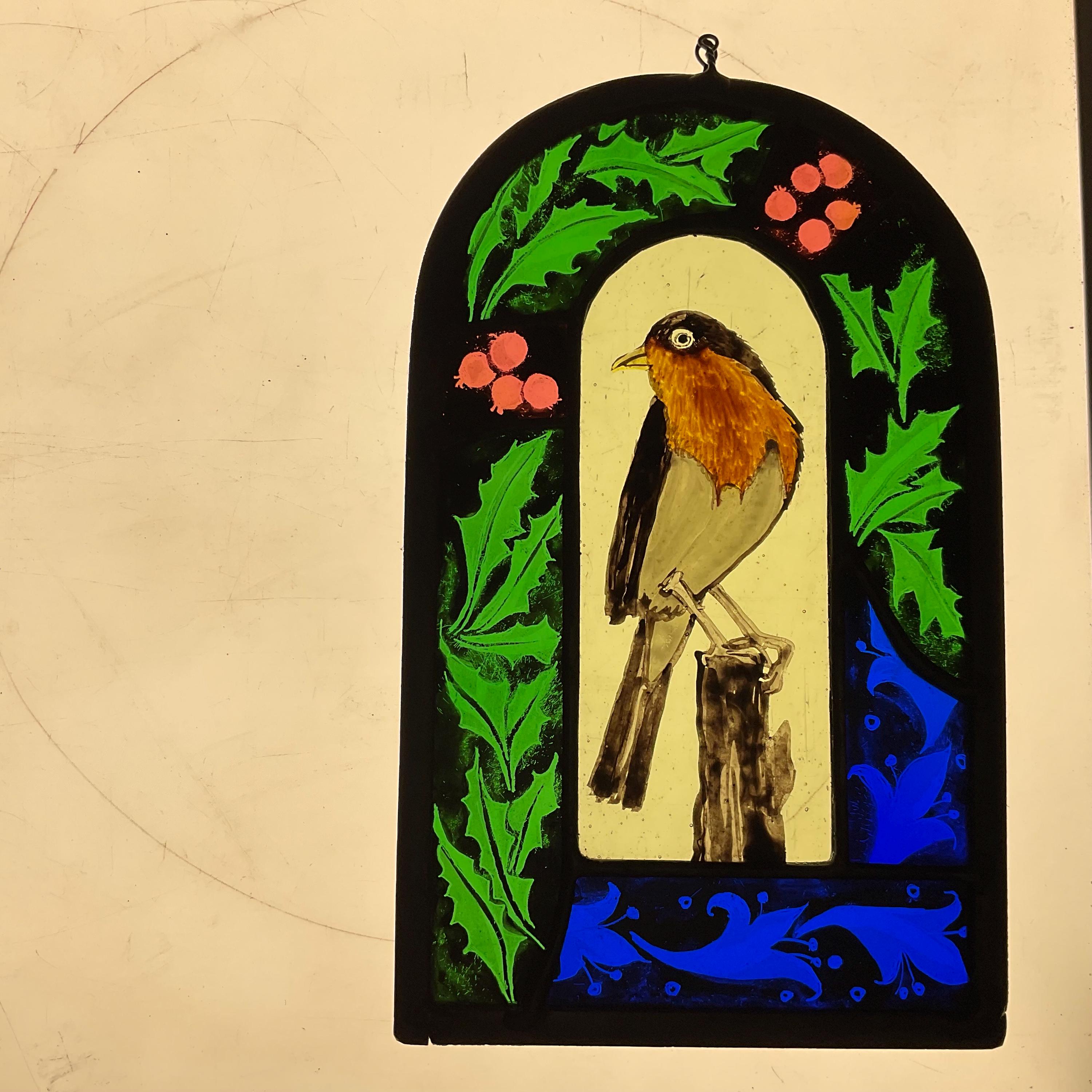 Robin with holly stained glass sun catcher