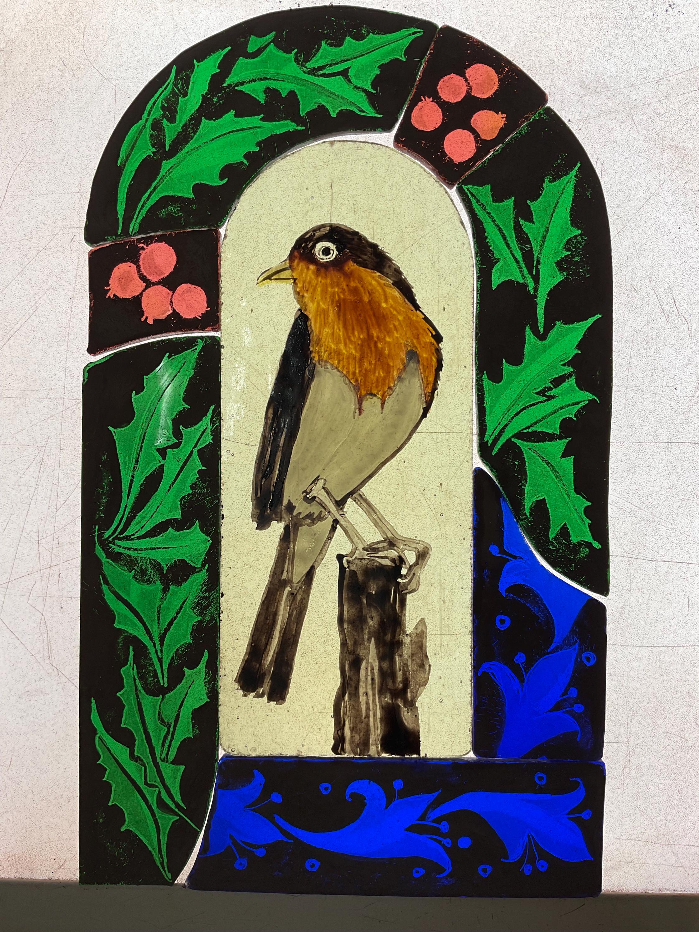 Robin with holly stained glass sun catcher