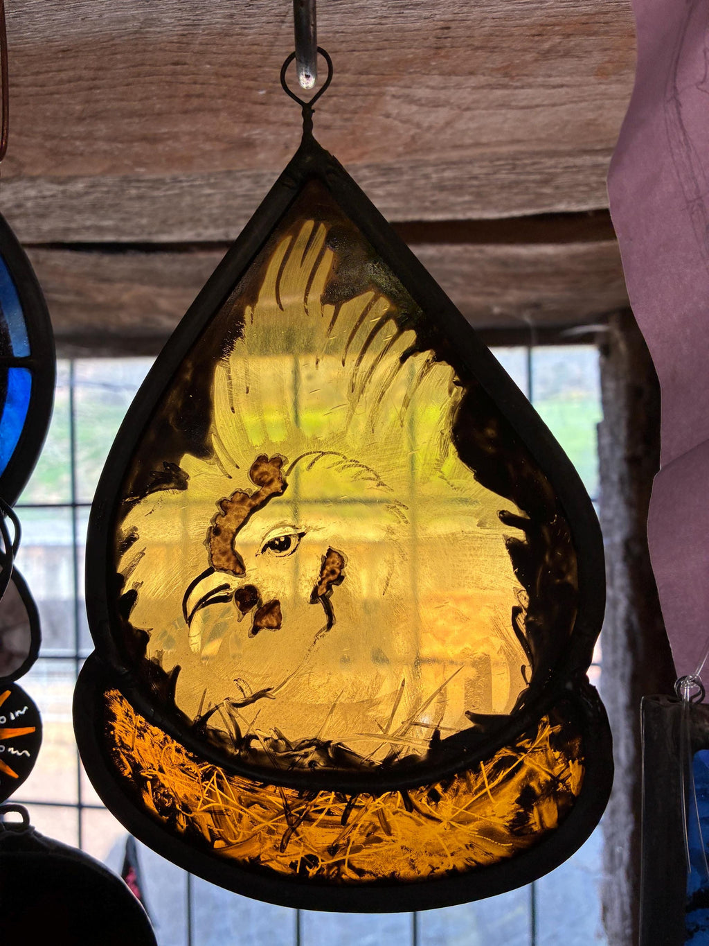 Nesting Chicken Stained Window, Hen Decor