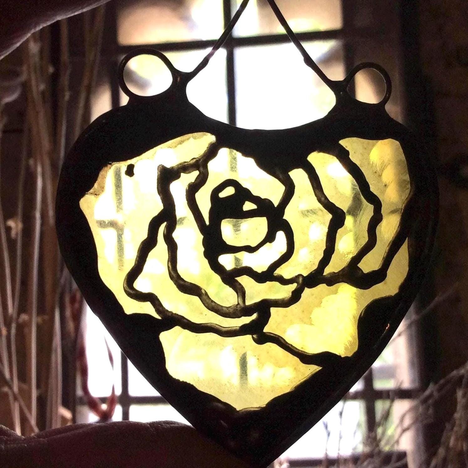 Yellow Rose in a Heart Stained Glass Suncatcher