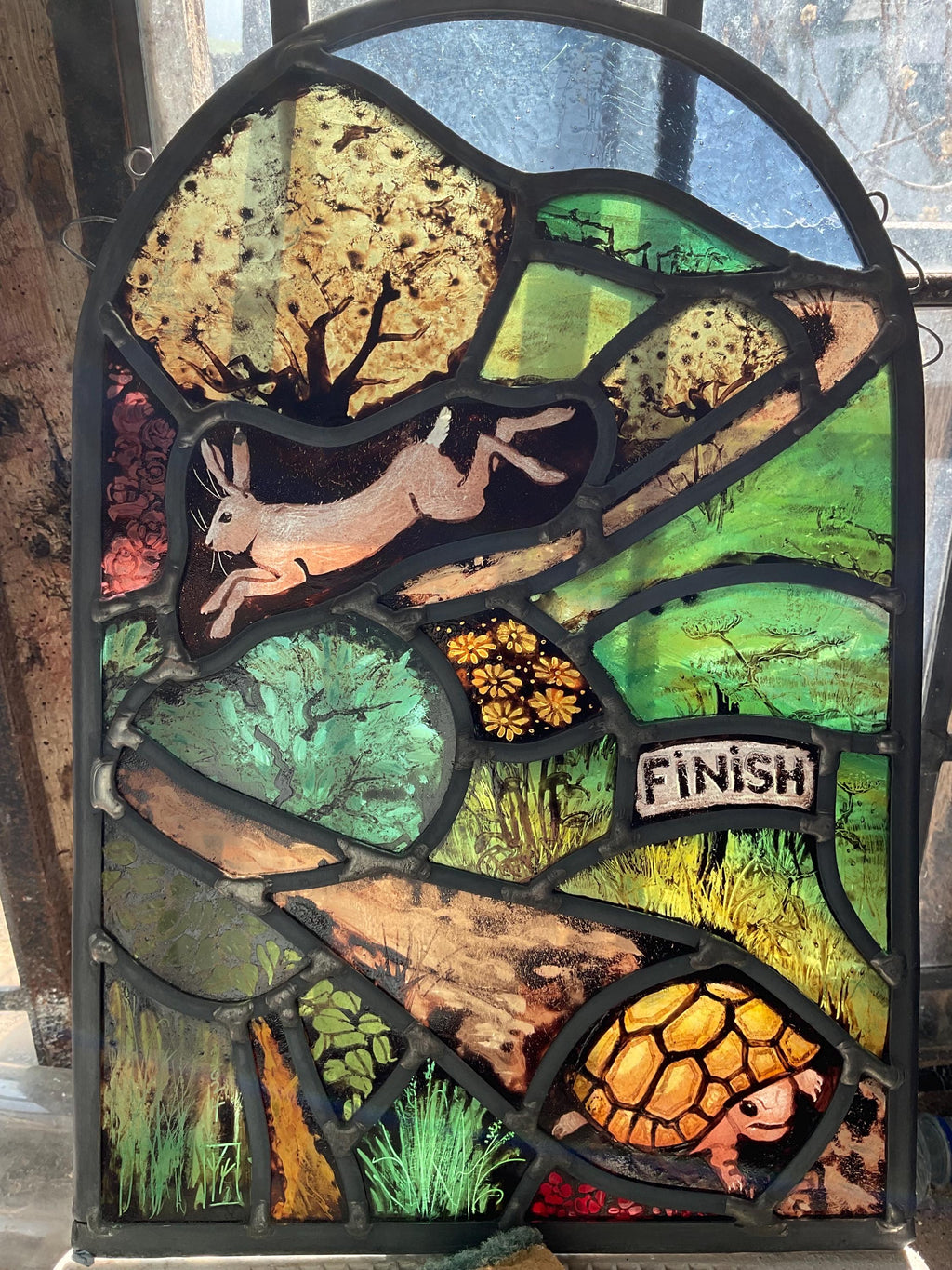 The Hare and The Tortoise Fable, Stained Glass Window Panel