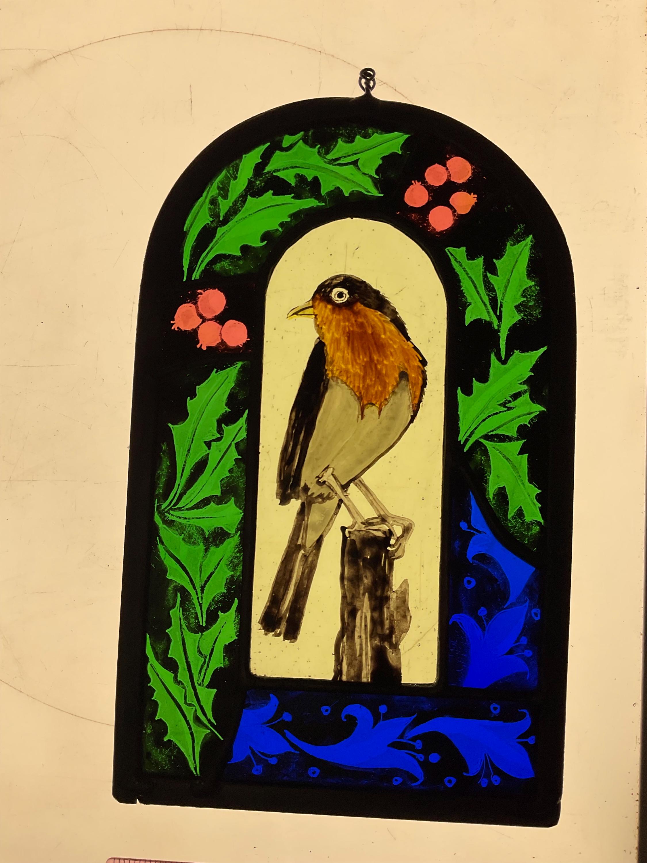 Robin with holly stained glass sun catcher