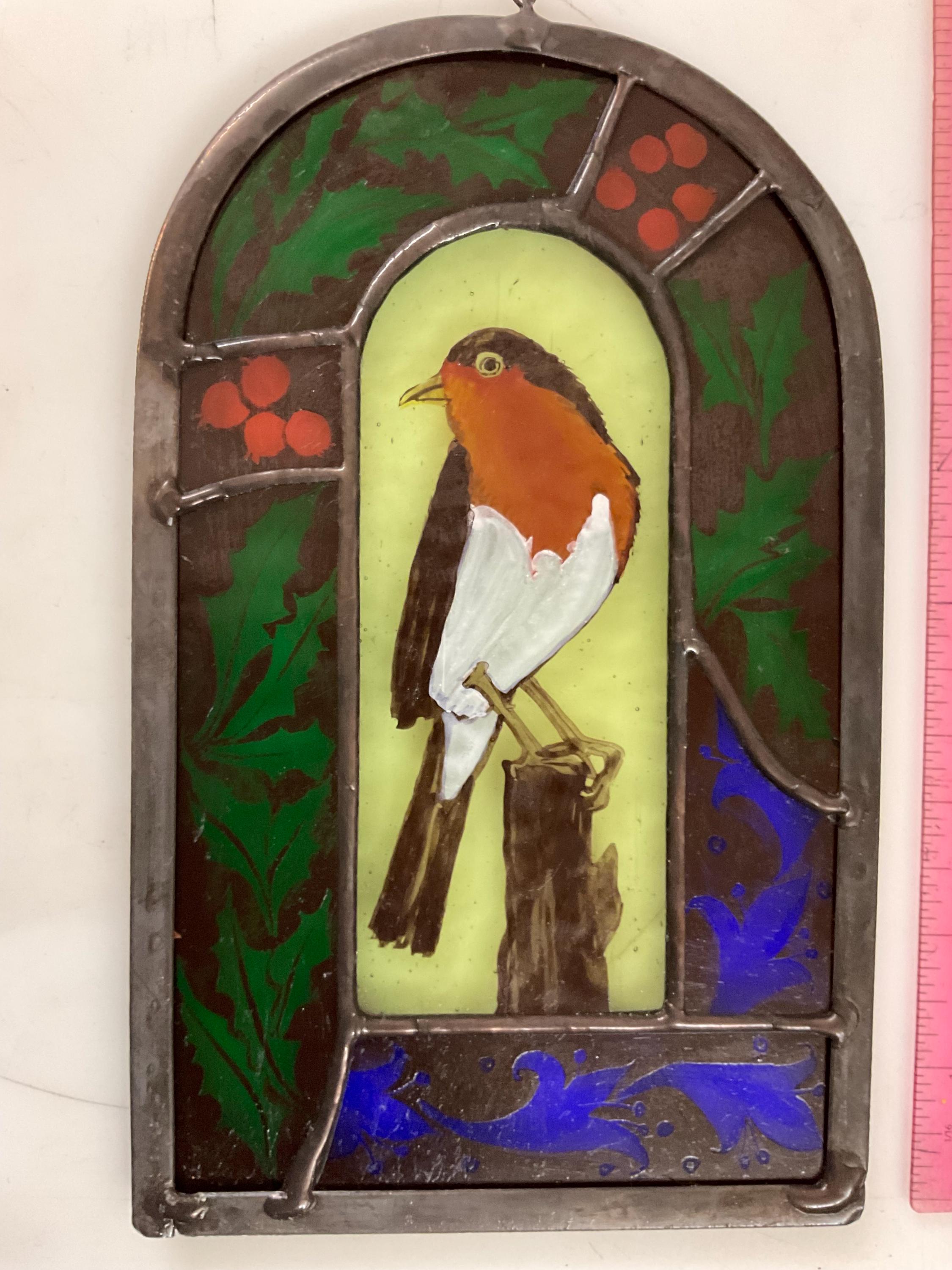 Robin with holly stained glass sun catcher