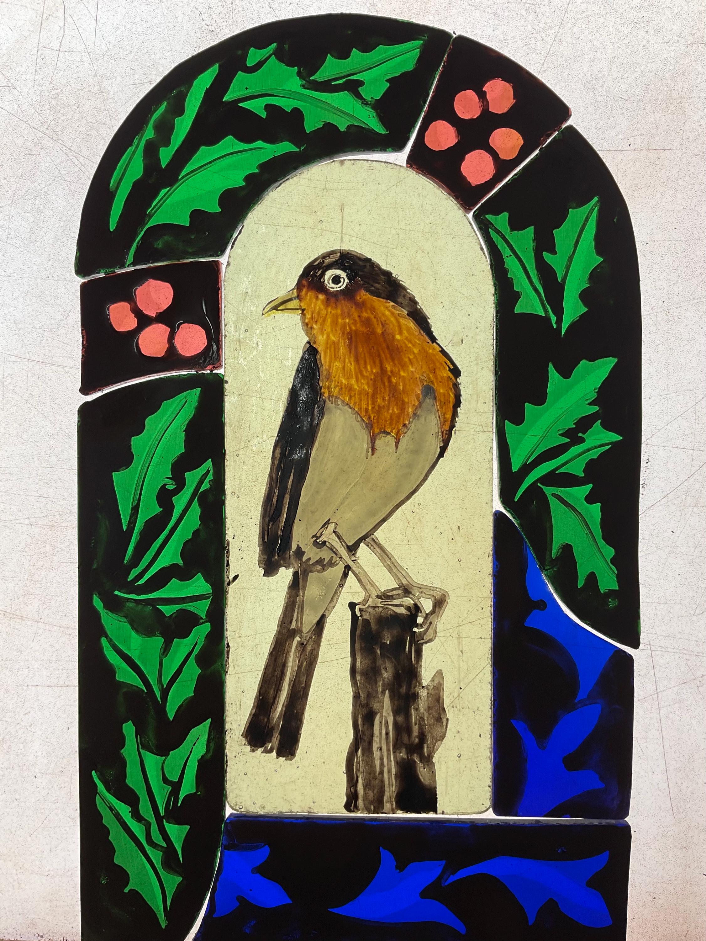 Robin with holly stained glass sun catcher
