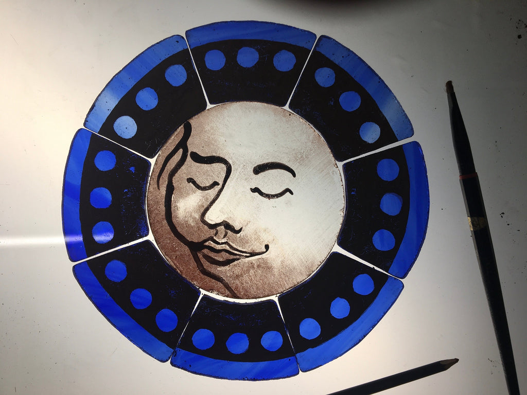 Blue Sweet Dreams Moon Face Stained Glass Sun Catcher