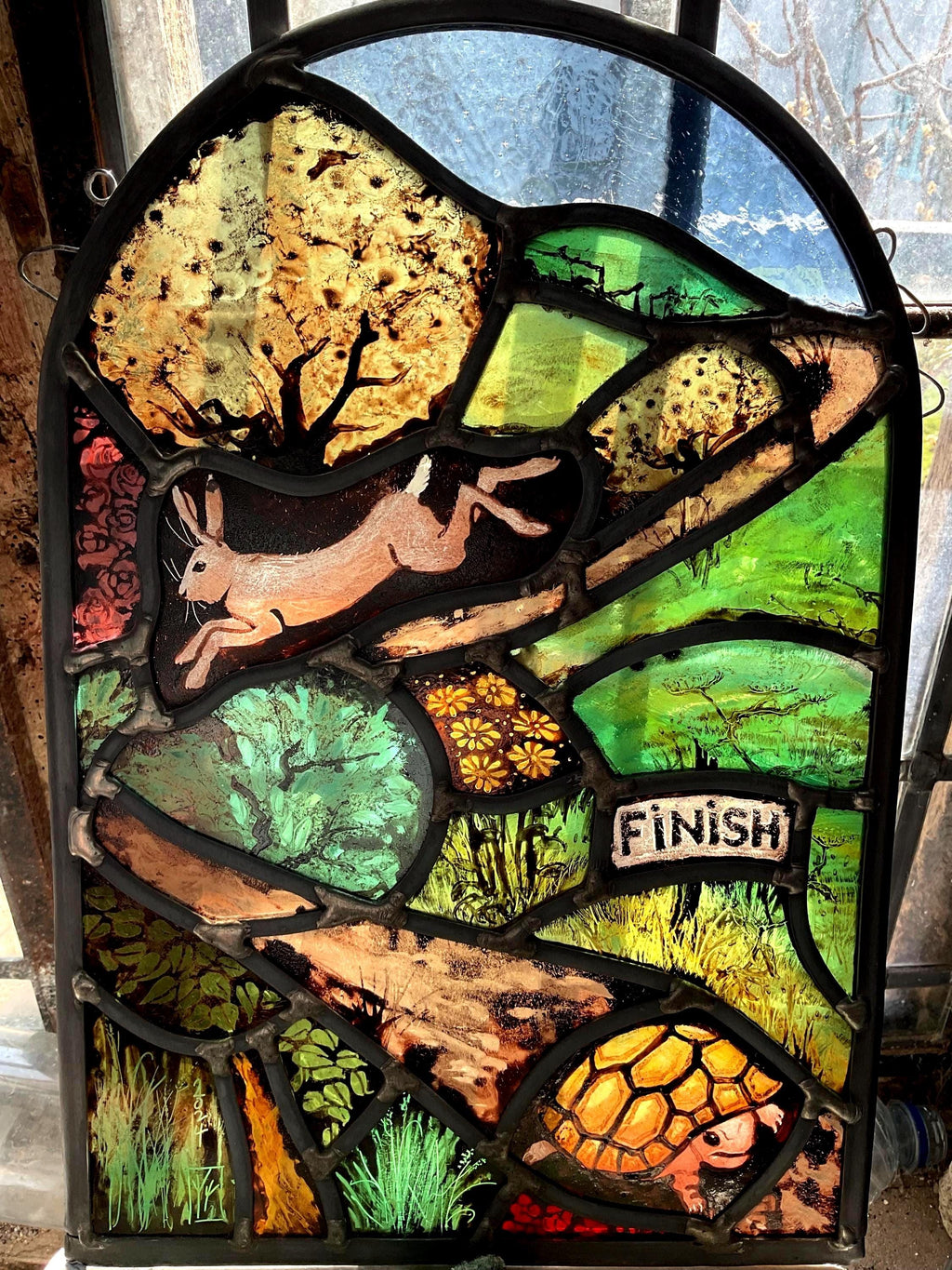 The Hare and The Tortoise Fable, Stained Glass Window Panel