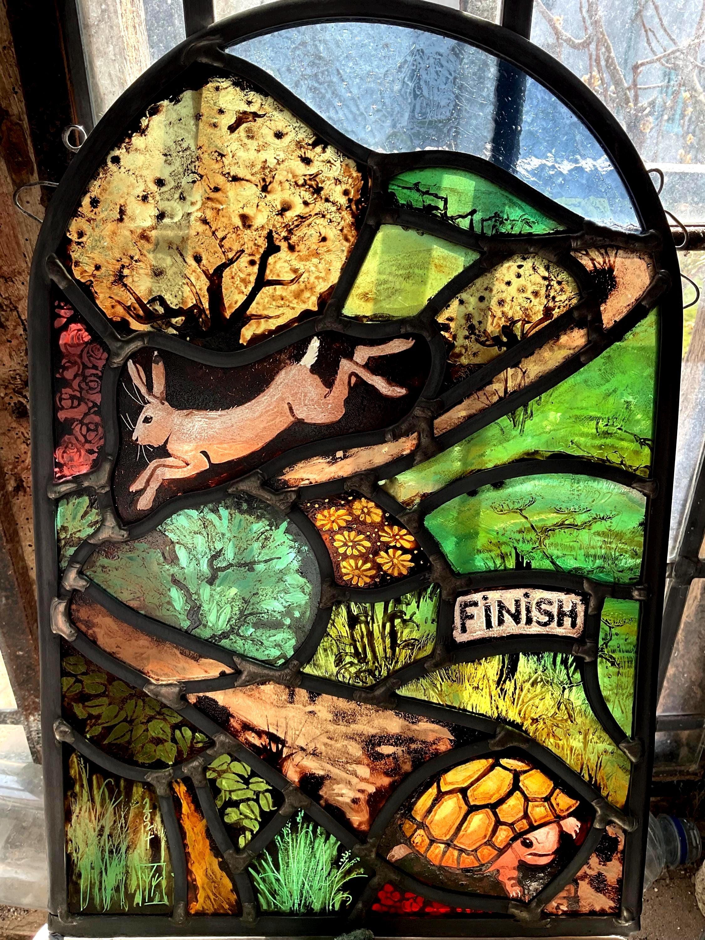 The Hare and The Tortoise Fable, Stained Glass Window Panel