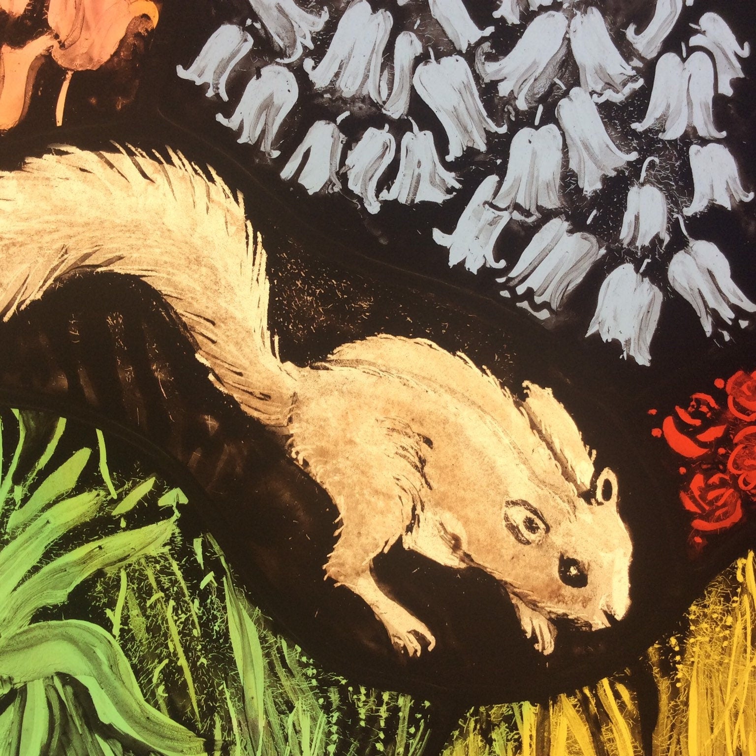 Squirrel Stained Glass Window with Bluebells