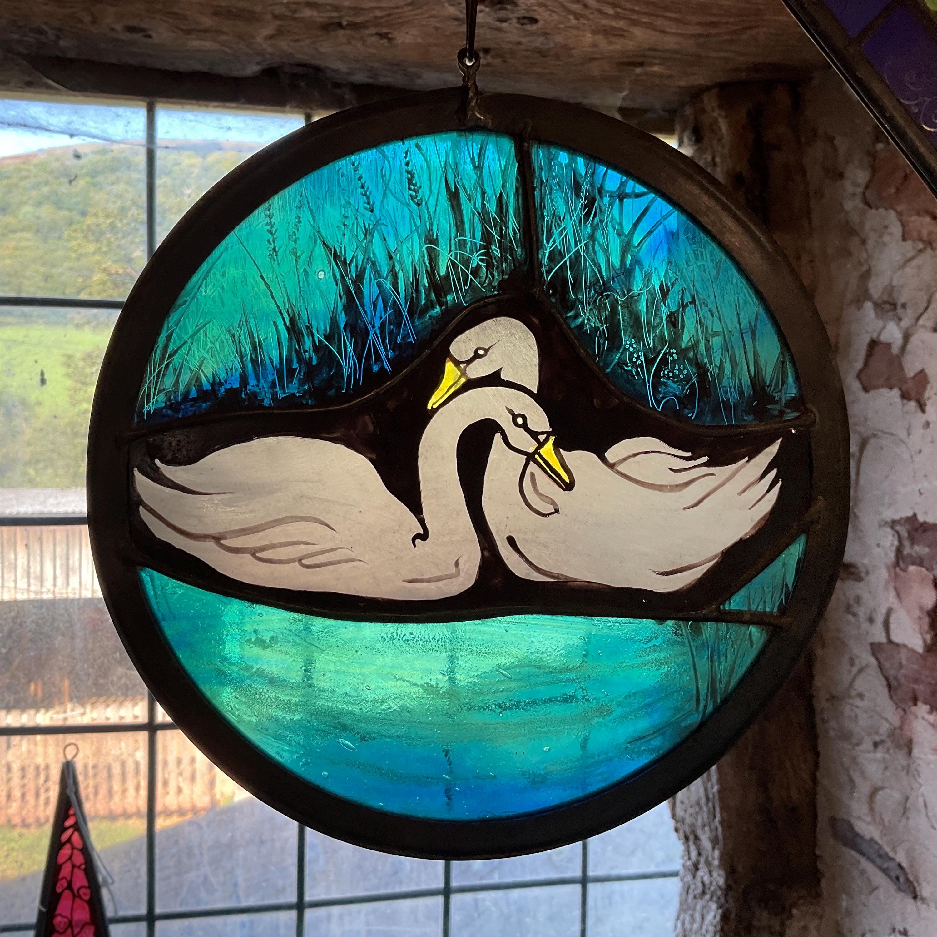 Romantic Swans Stained Glass Window Roundel