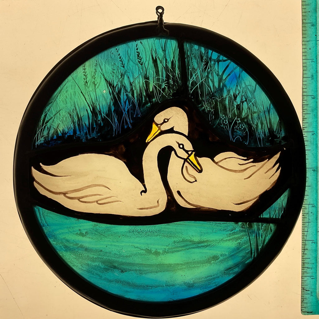 Romantic Swans Stained Glass Window Roundel