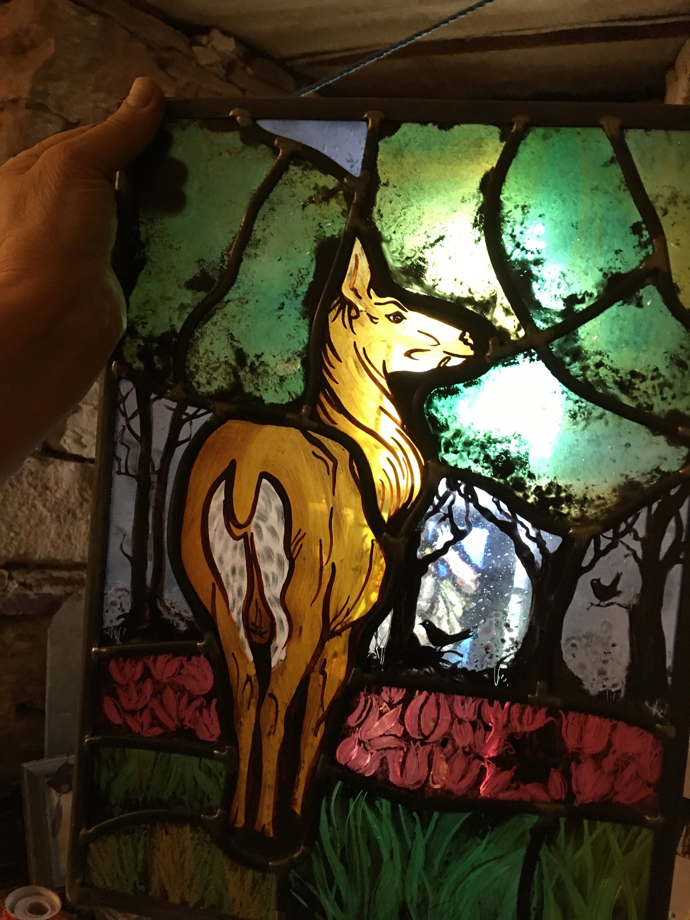 Stained Glass Window: Deer, Stag, Blackbirds, Nature