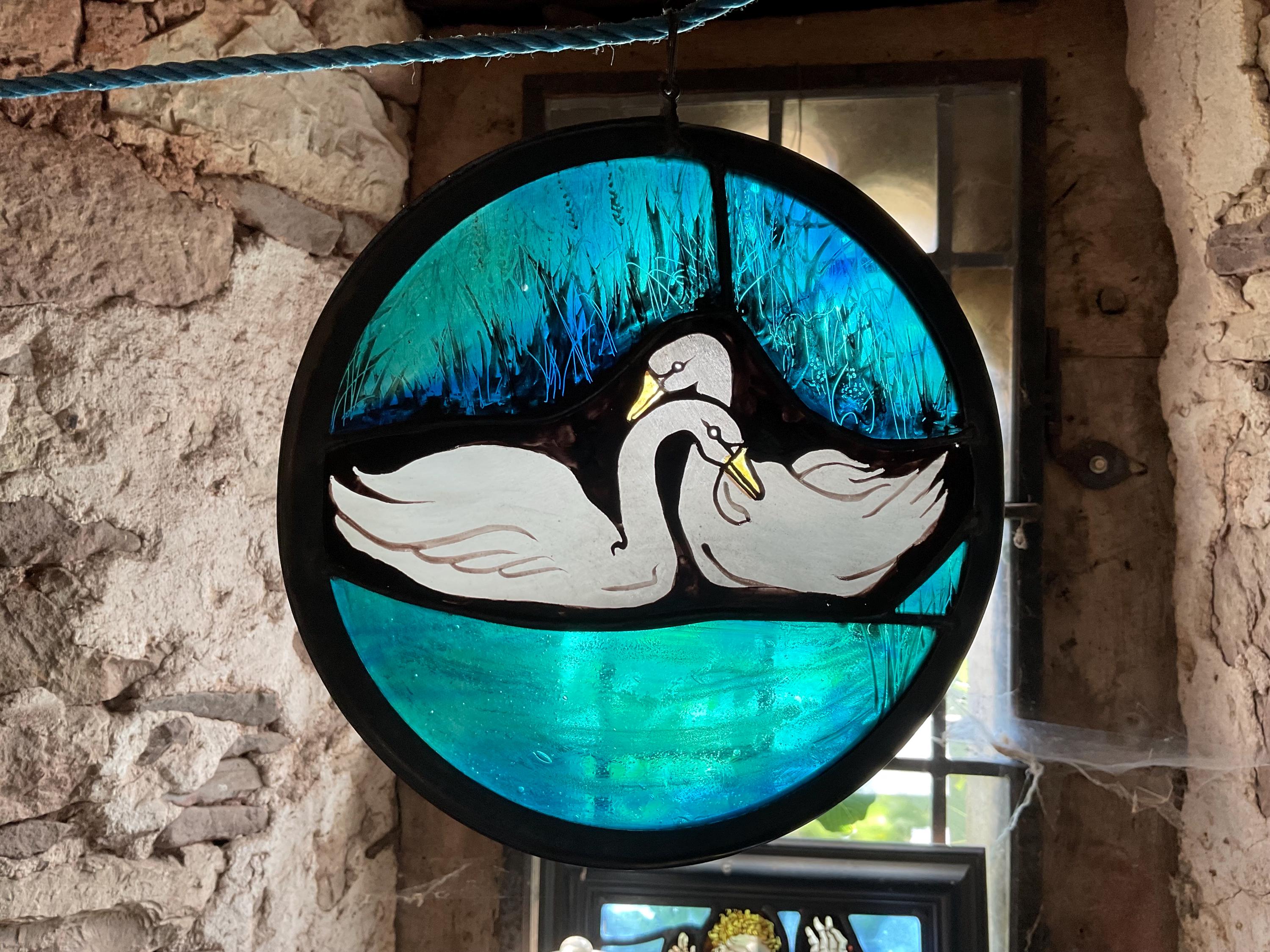 Romantic Swans Stained Glass Window Roundel