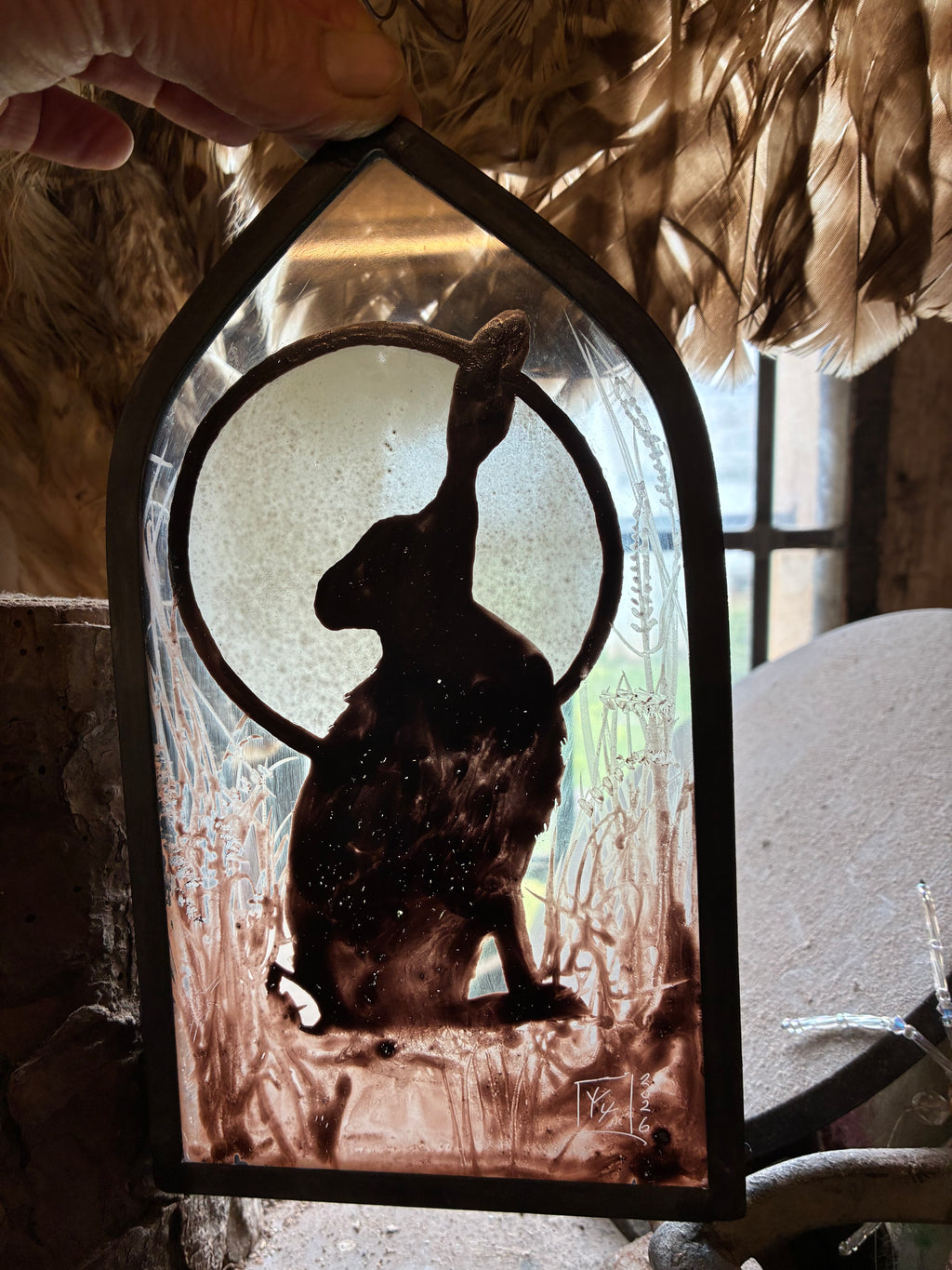 Hare and Moon Up Cycled Stained Glass Sun Catcher