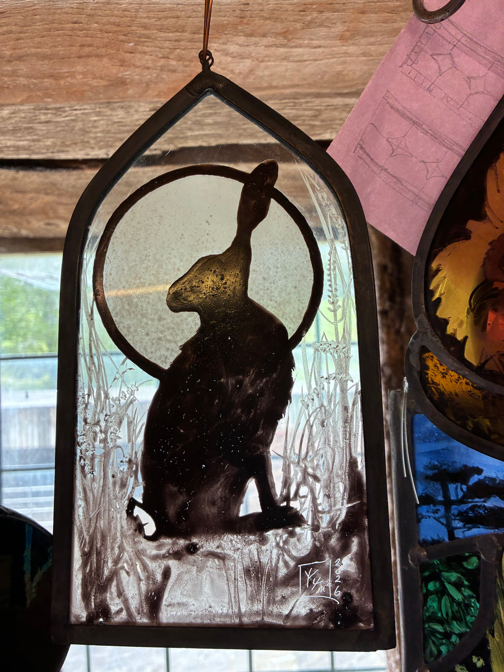 Hare and Moon Up Cycled Stained Glass Sun Catcher