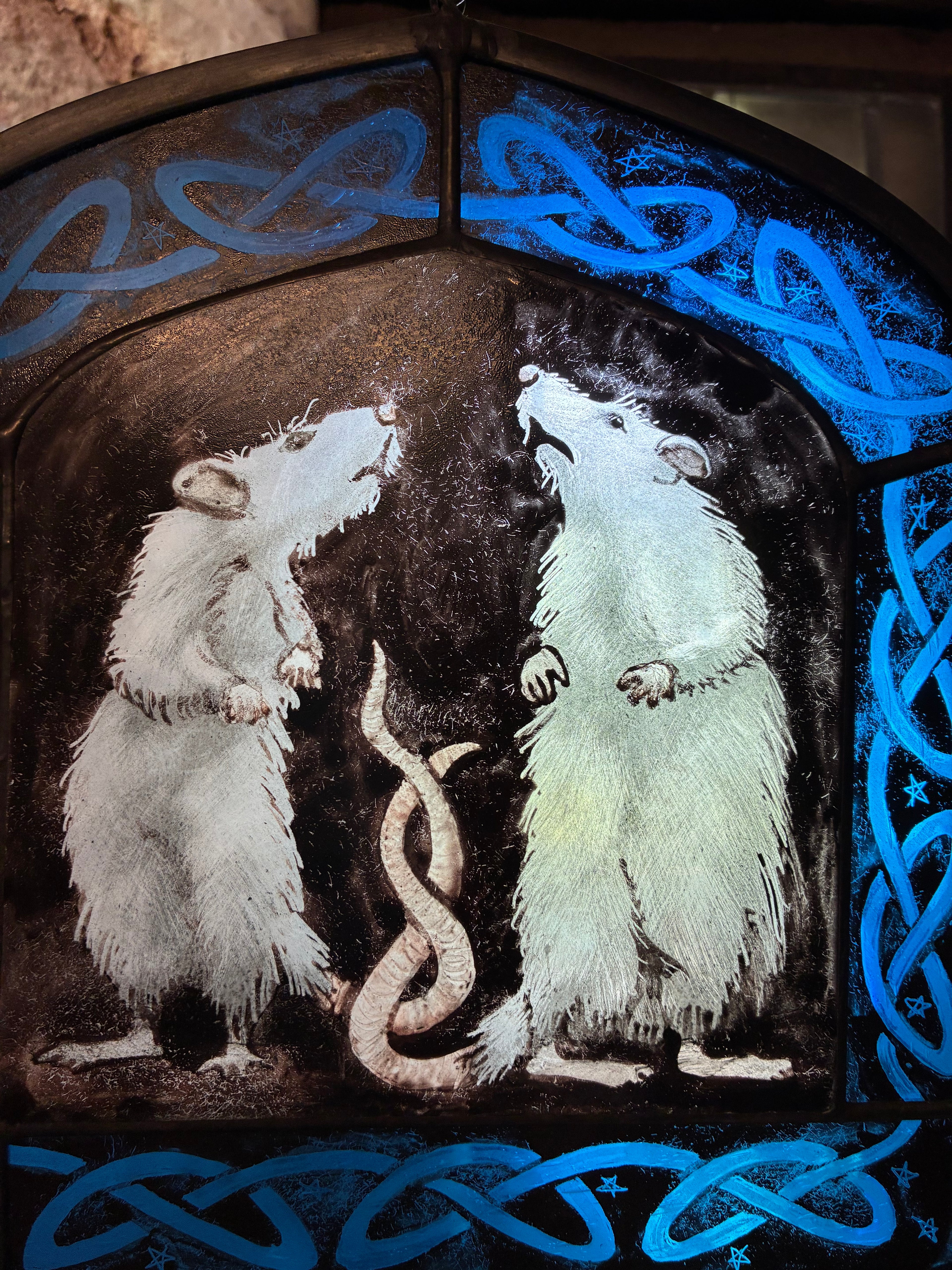 A stained glass window panel depicting two white rats facing each other with tails twisted together, framed by a bright blue Celtic knot border on a dark background.