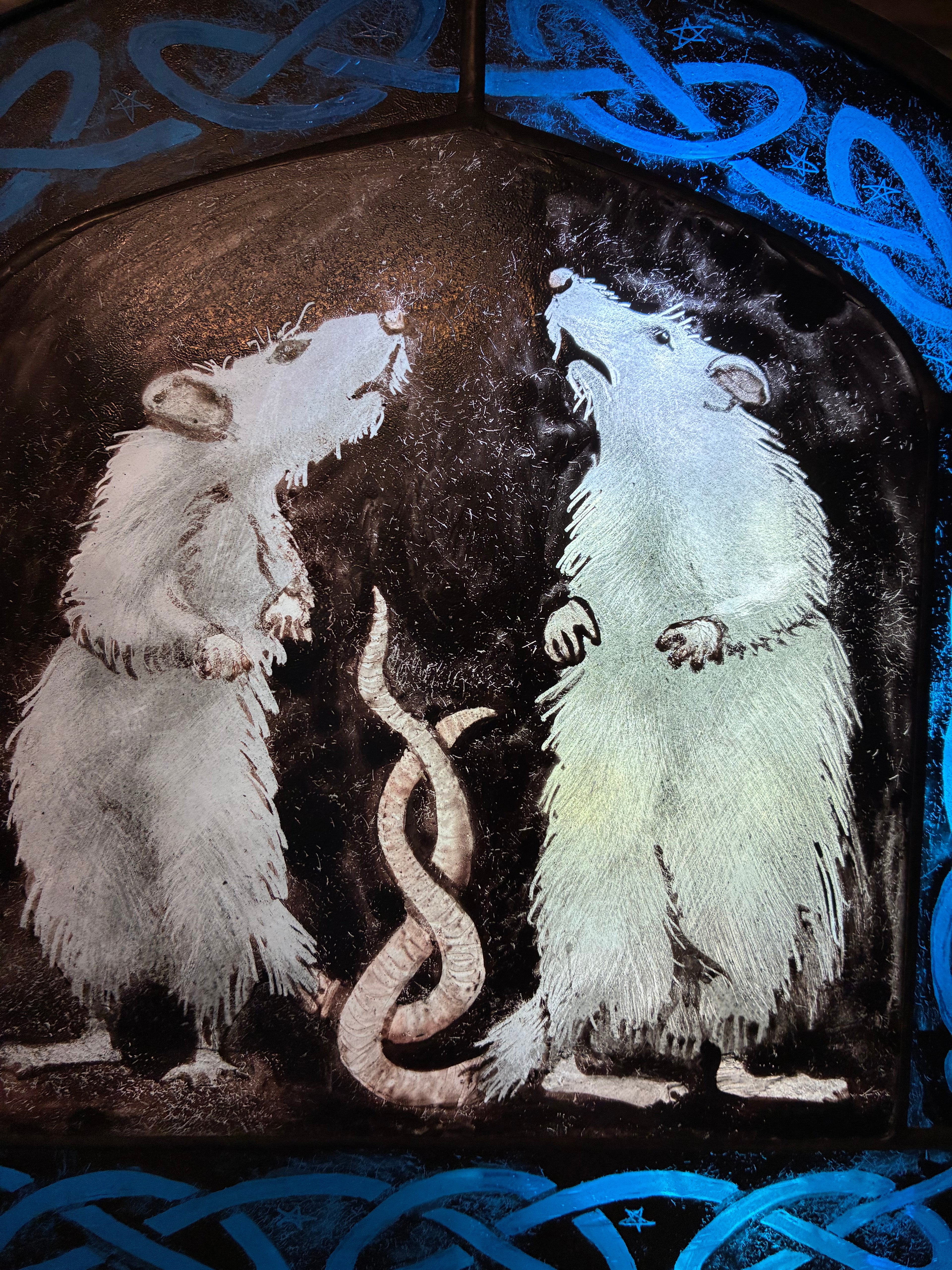 Detail of the two rats which are painted and kiln fired on vintage clear glass and surrounded by a delicate blue Celtic knot border with stars and makers mark.