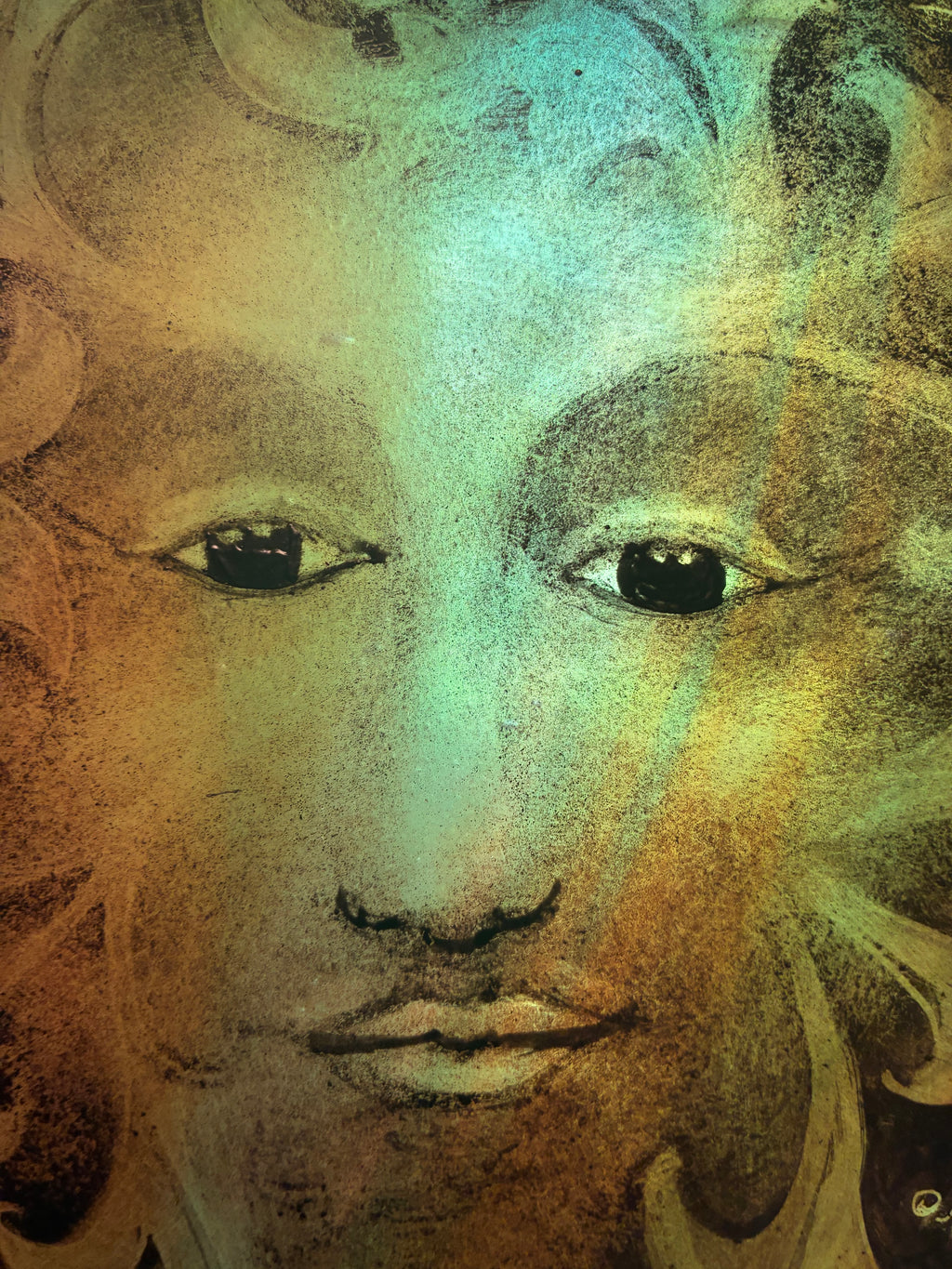 Close-up artwork of a classical-style green man face rendered in textured warm and cool tones, blending, brown,  green and olive hues.