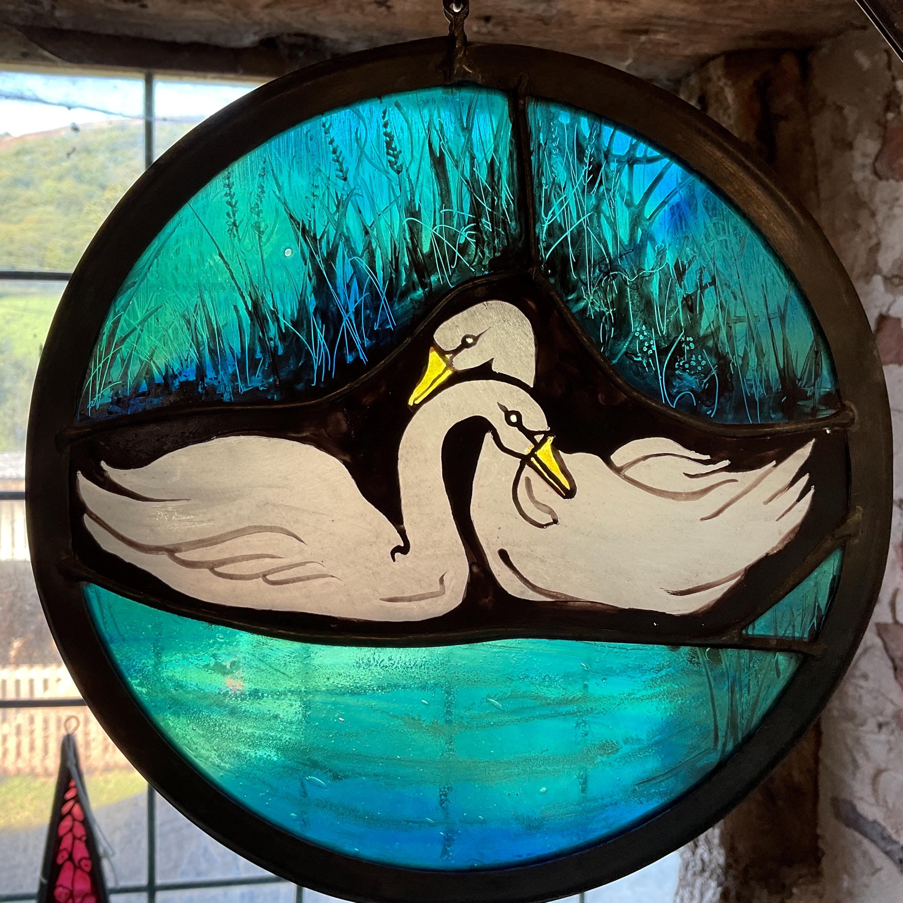 Romantic Swans Stained Glass Window Roundel