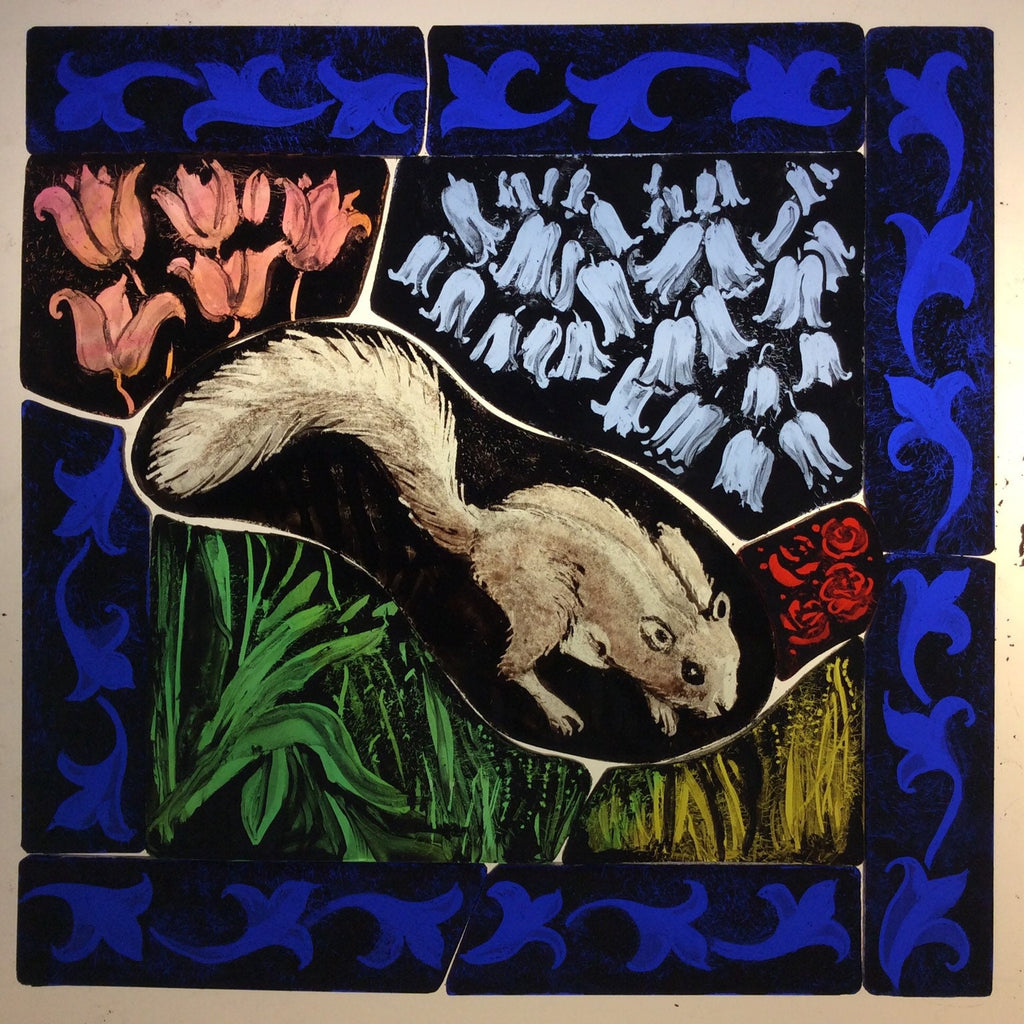 Squirrel Stained Glass Window with Bluebells