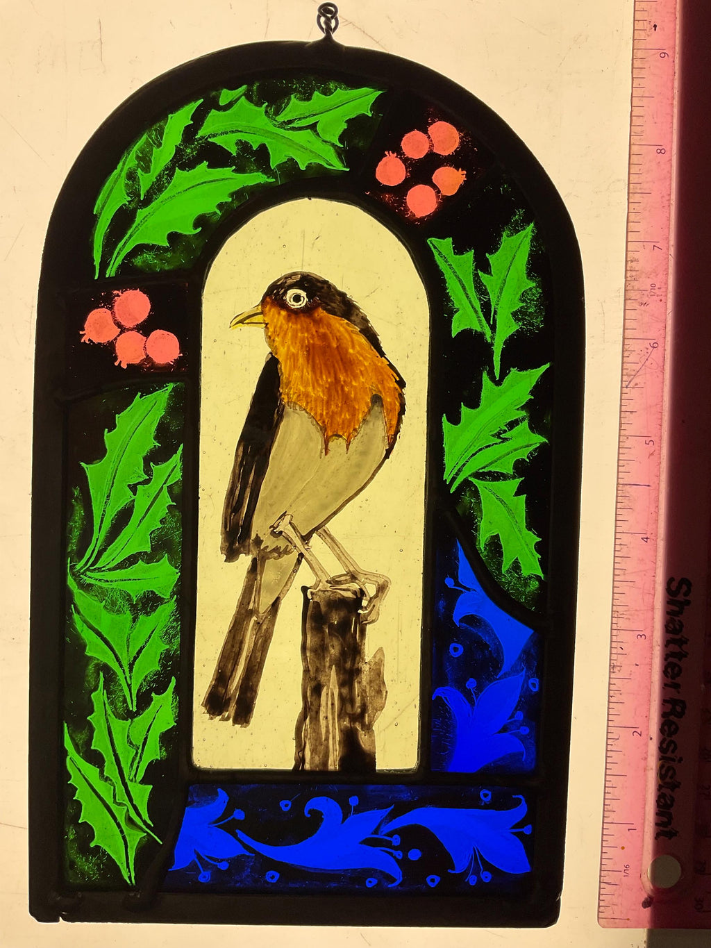 Robin with holly stained glass sun catcher